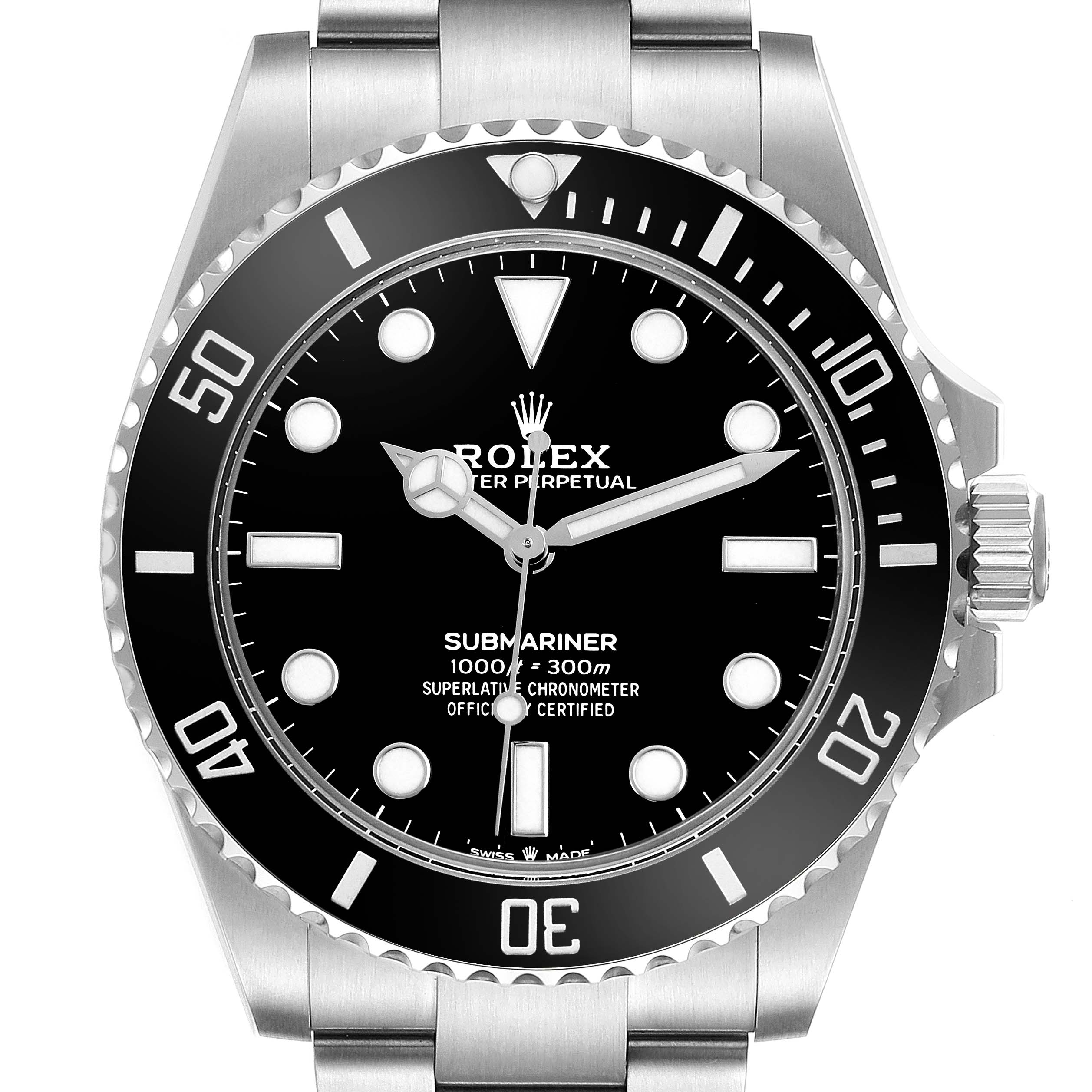 The Rolex Submariner 124060 Men's Stainless Steel Black Dial watch is shown from the front, displaying the bezel, dial, hands, and bracelet.