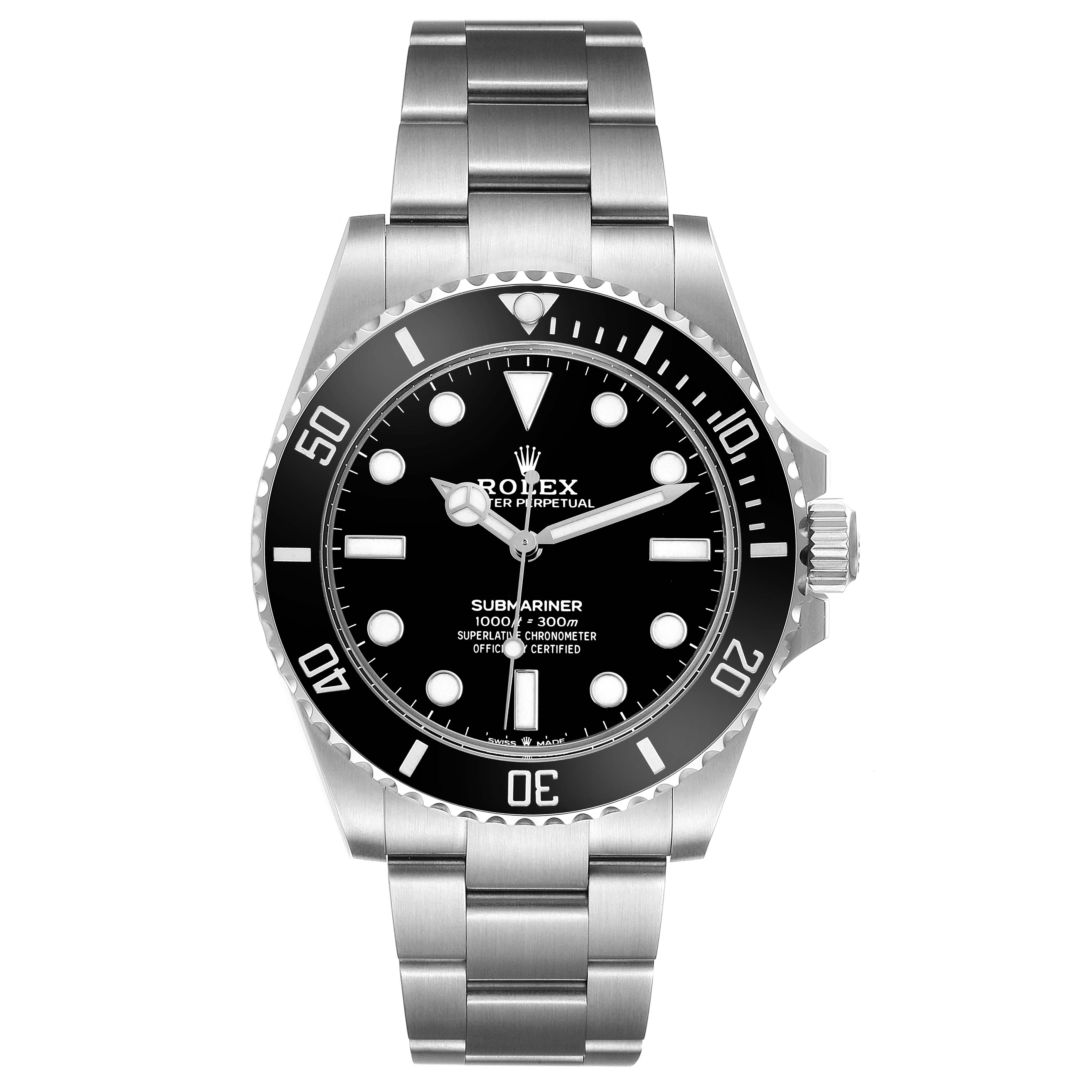 The Rolex Submariner 124060 Men's Stainless Steel Black Dial watch is shown from a front view, displaying the dial, bezel, and bracelet.