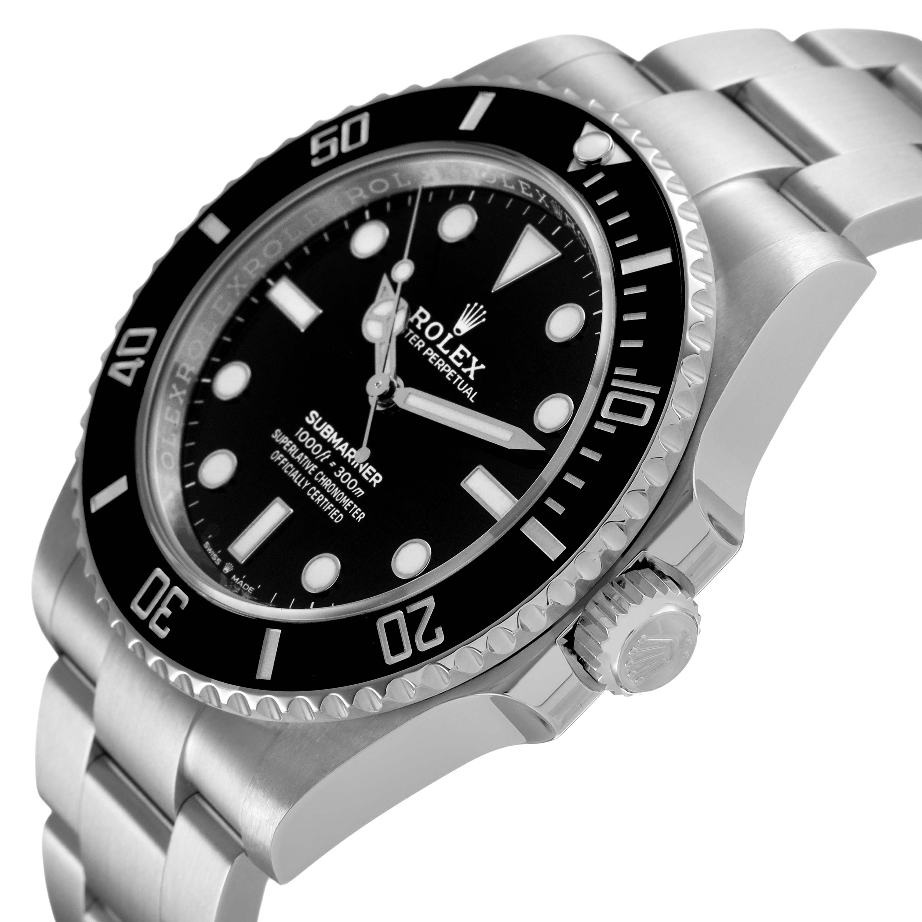 The Rolex Submariner 124060 Men's Stainless Steel Black Dial watch is shown at an angled side view, highlighting the dial, bezel, crown, and bracelet.