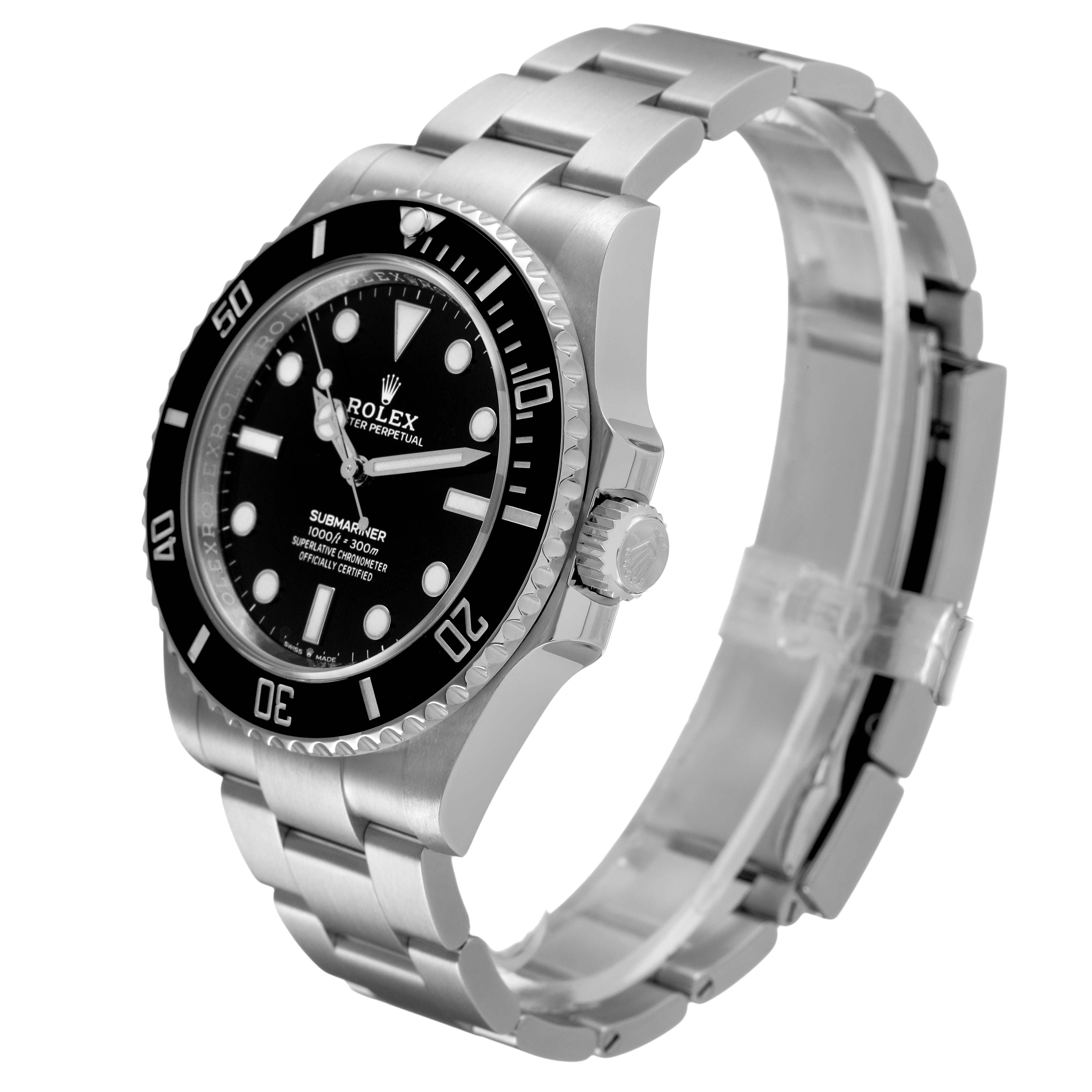 The Rolex Submariner 124060 Men's Stainless Steel Black Dial is shown at a tilted angle, highlighting its bezel, dial, and bracelet.