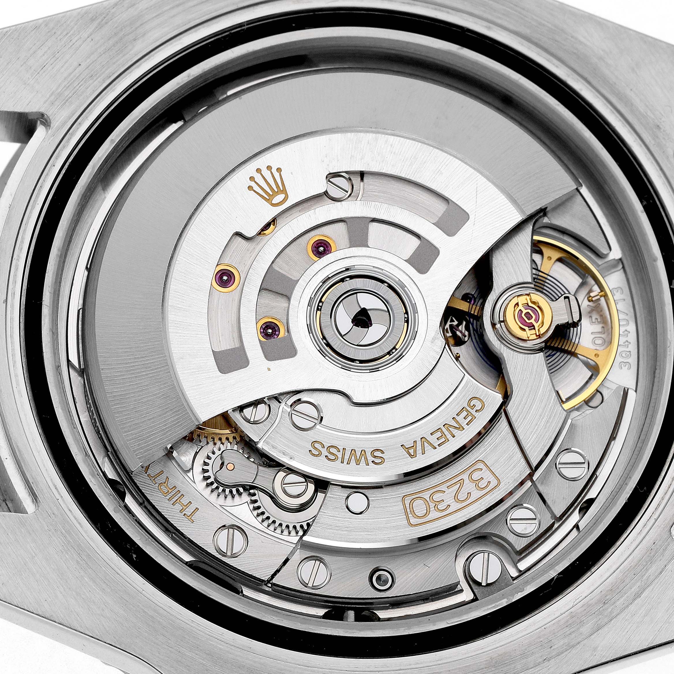 The image shows a close-up of the Rolex Submariner 124060 Men's Stainless Steel Black Dial's automatic movement mechanism from the back.