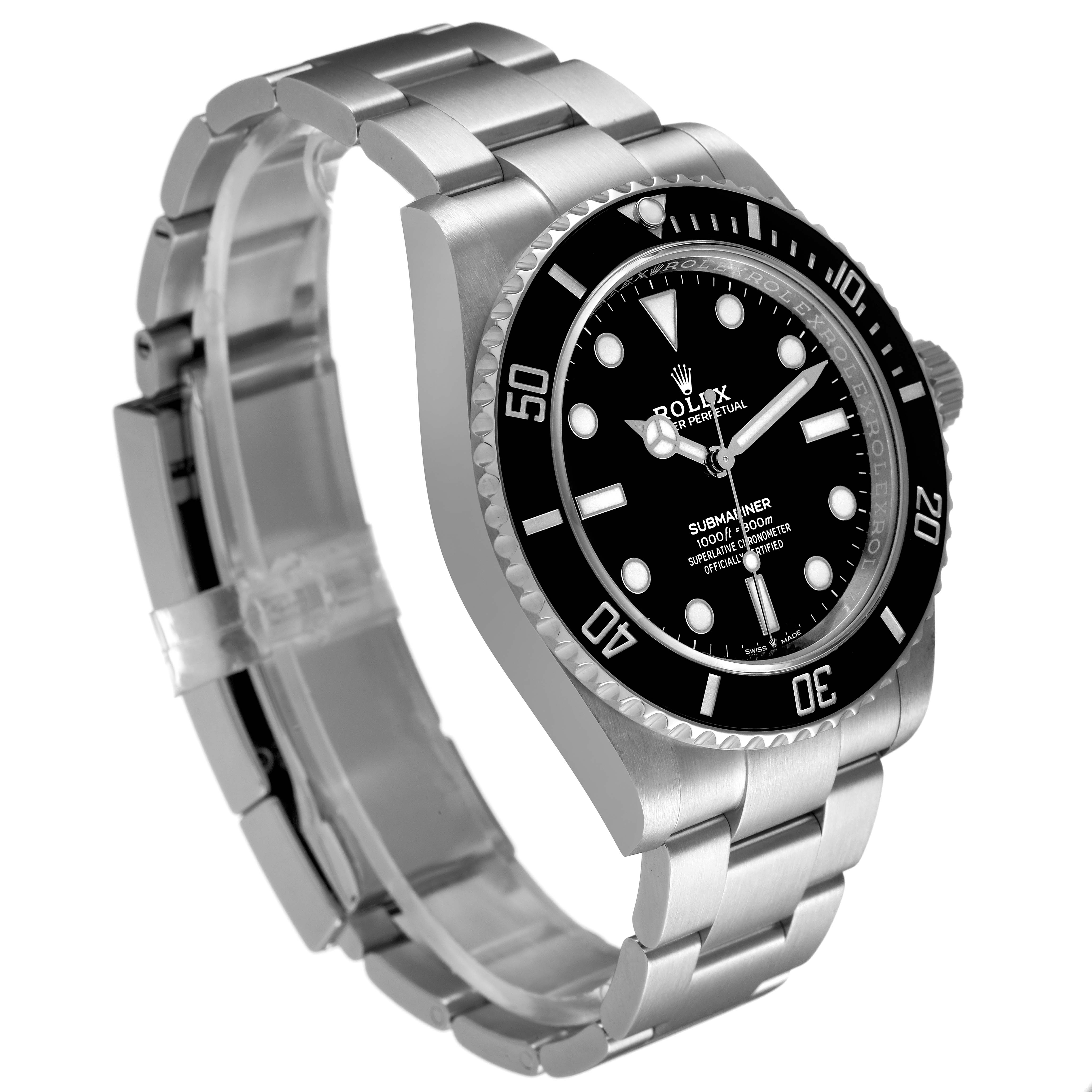 The Rolex Submariner 124060 Men's Stainless Steel Black Dial is shown at a side angle, highlighting the bezel, dial, and bracelet.