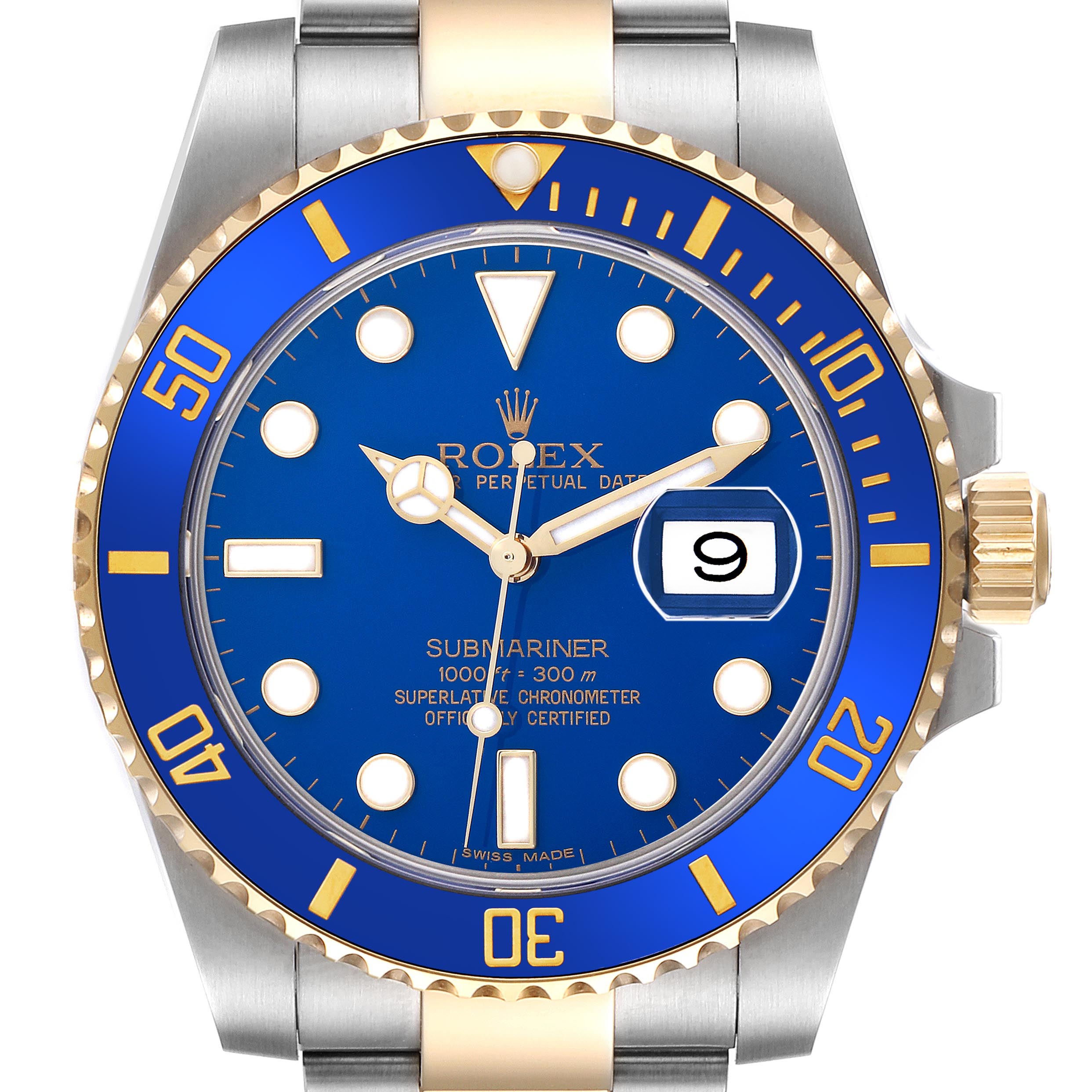 The image shows a front view of the Rolex Submariner 116613LB Men's Steel and Gold (two tone) Blue Dial 116613LB Men's Steel and Gold (two tone) Blue Dial, detailing the blue dial, date window, and two-tone bezel.