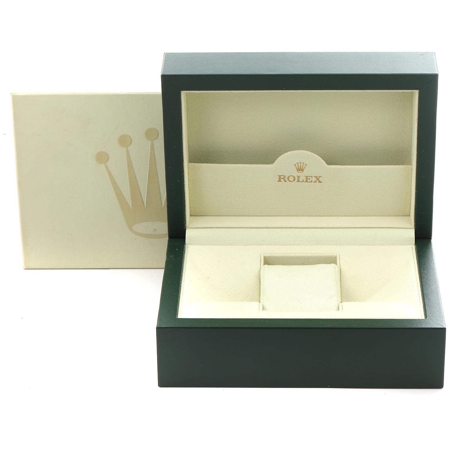 The image shows an open Rolex Submariner 116613LB Men's Steel and Gold (two tone) Blue Dial 116613LB Men's Steel and Gold (two tone) Blue Dial watch box, featuring the interior with slots for the watch and accessories.