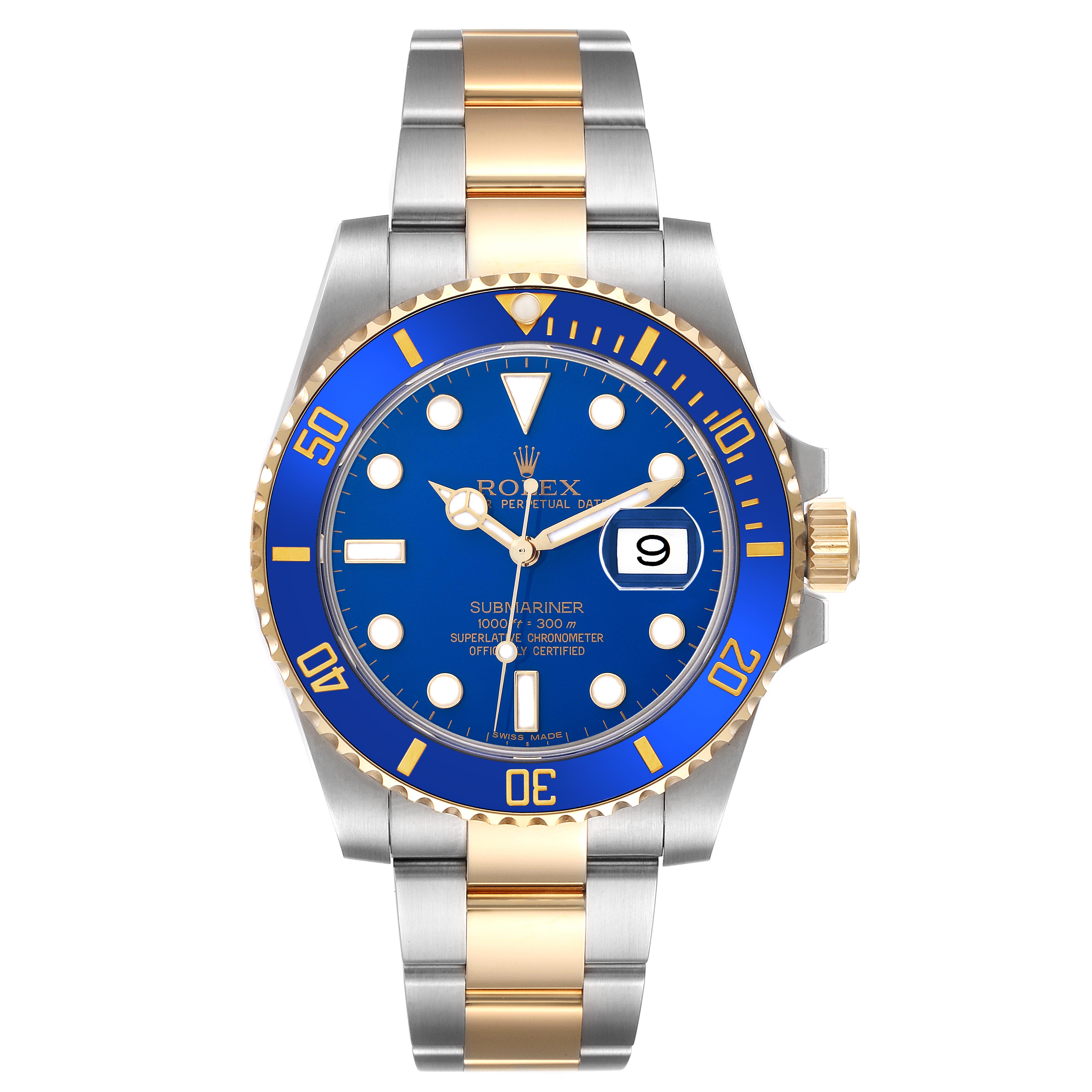 The Rolex Submariner 116613LB Men's Steel and Gold (two tone) Blue Dial 116613LB Men's Steel and Gold (two tone) Blue Dial watch is shown from the front, displaying the blue dial, gold bezel, and stainless steel and gold bracelet.