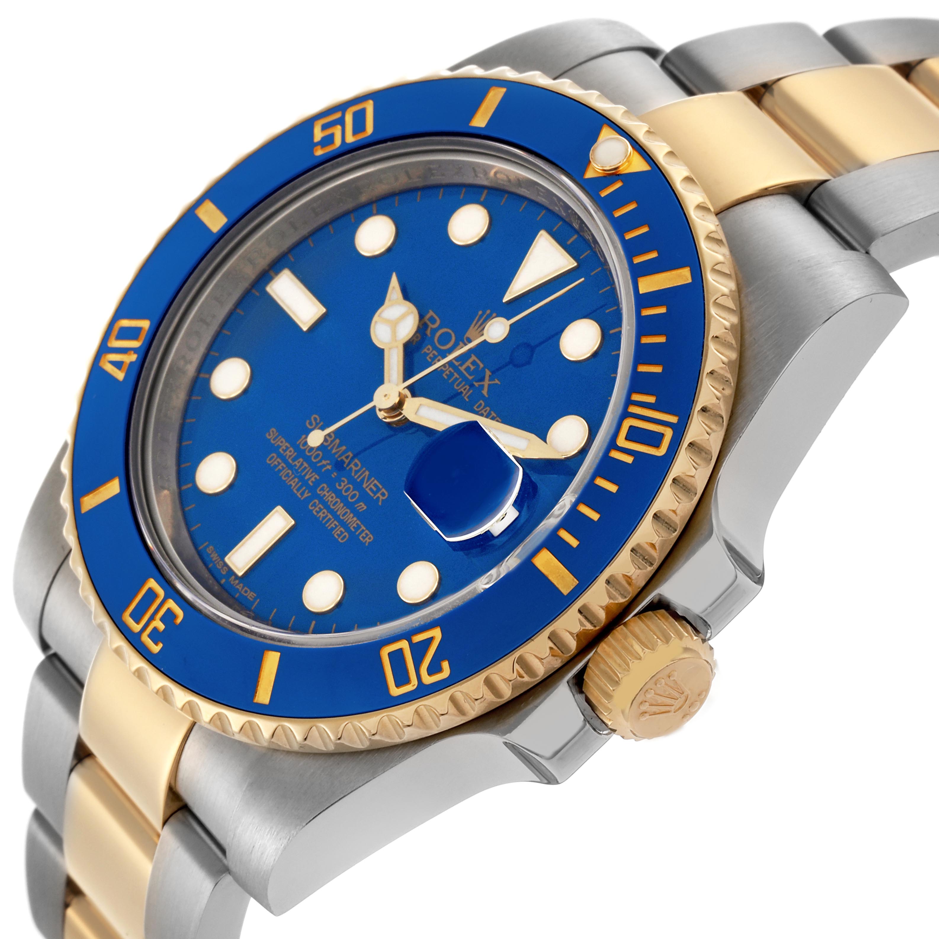 The Rolex Submariner 116613LB Men's Steel and Gold (two tone) Blue Dial 116613LB Men's Steel and Gold (two tone) Blue Dial watch is shown from a side angle, highlighting the blue and gold bezel, crown, and part of the bracelet.