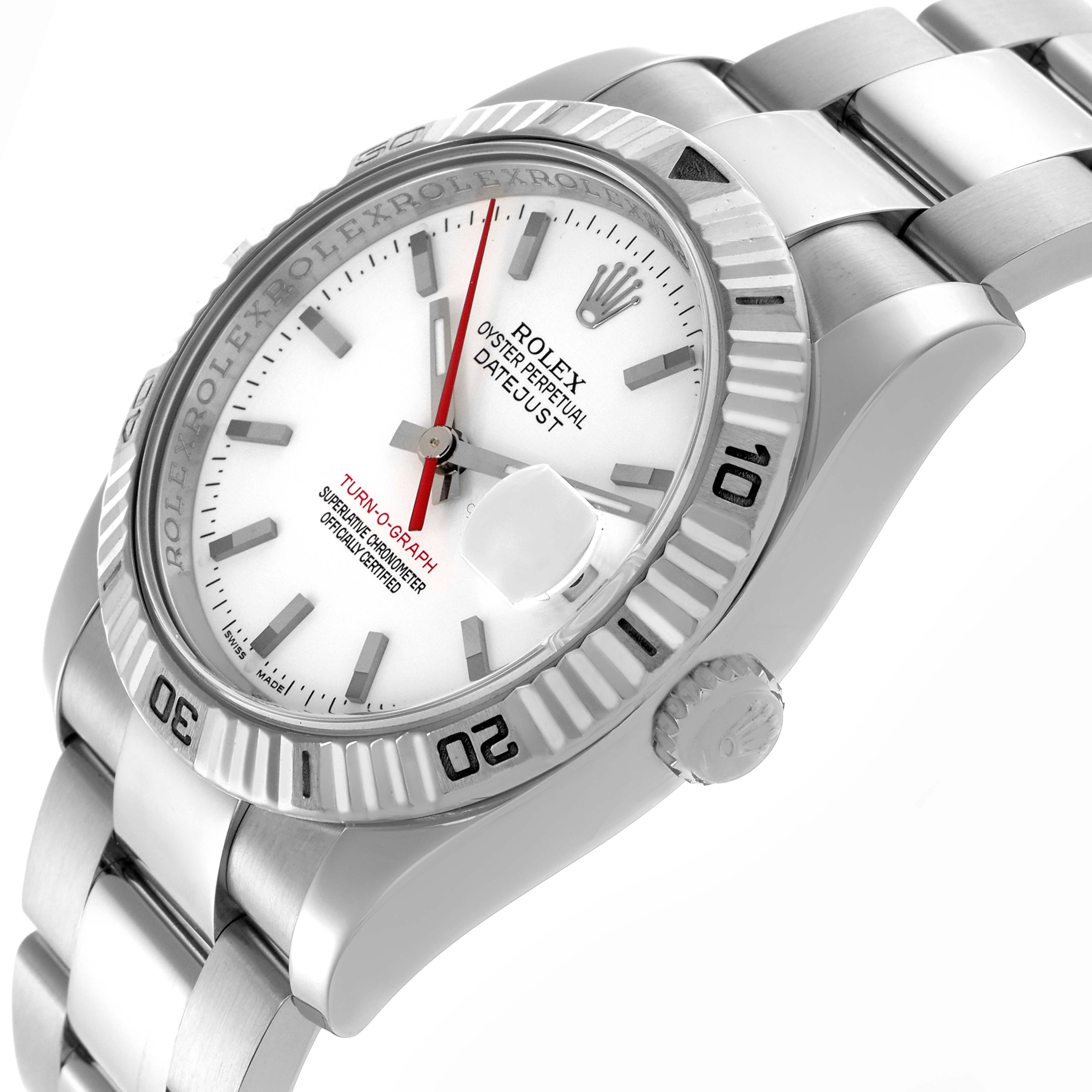 The Rolex Turn-o-Graph 116264 Men's Stainless Steel White Dial 116264 Men's Stainless Steel White Dial watch is angled to show the face, bezel, case, and part of the bracelet.
