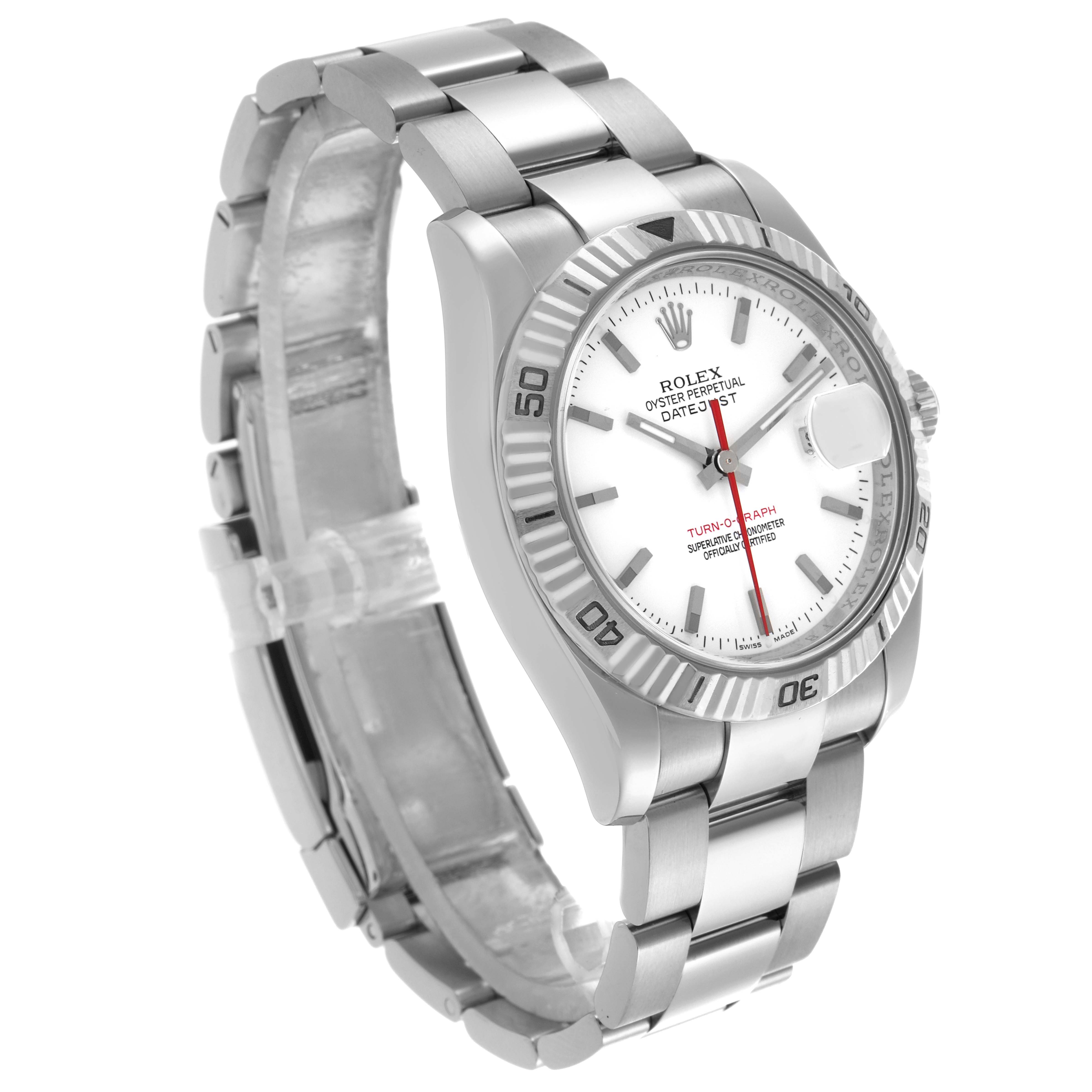 The Rolex Turn-o-Graph 116264 Men's Stainless Steel White Dial 116264 Men's Stainless Steel White Dial watch is shown at a three-quarter angle, displaying the face, bezel, and metal bracelet.
