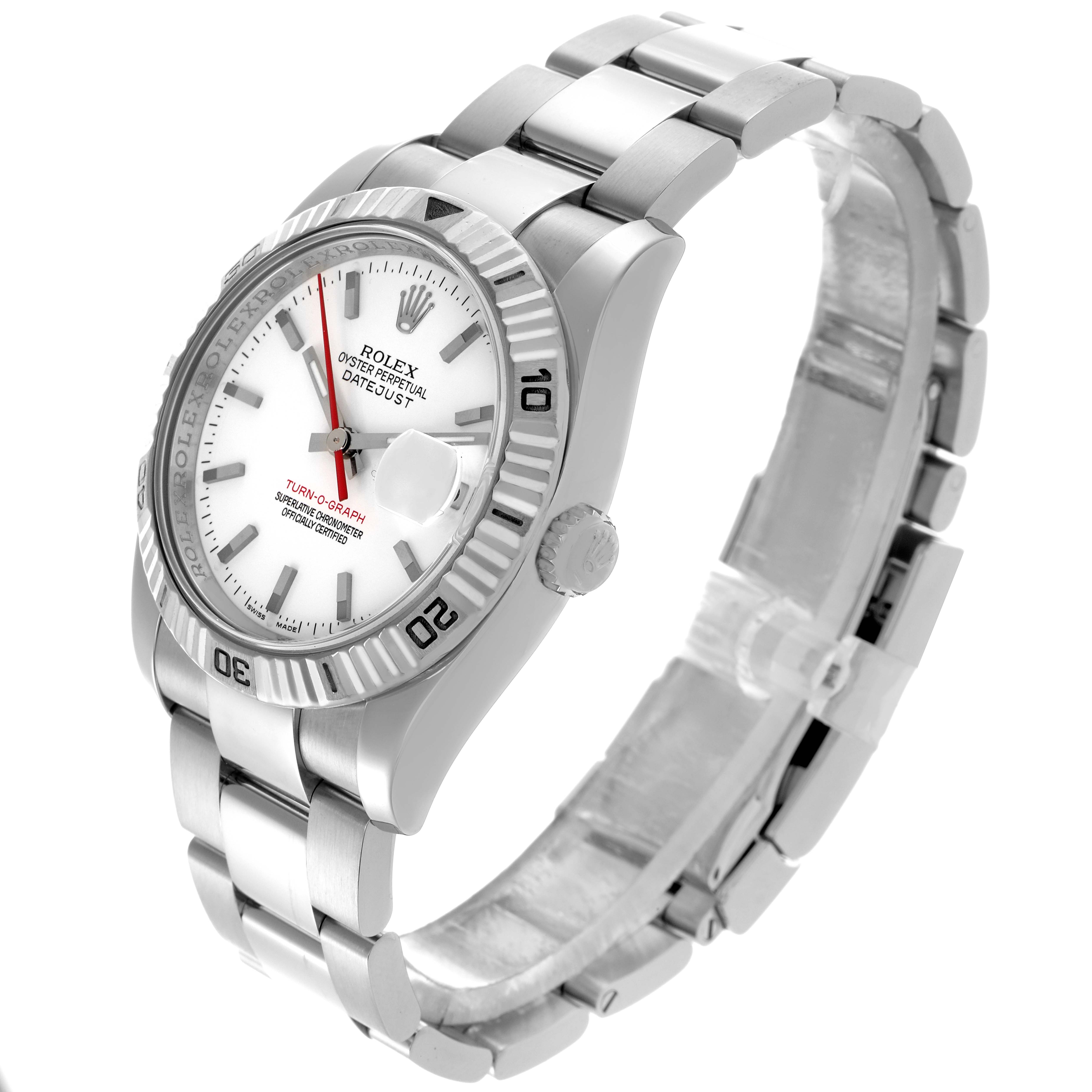 The Rolex Turn-o-Graph 116264 Men's Stainless Steel White Dial 116264 Men's Stainless Steel White Dial watch is shown at a slight side angle, displaying the face, bezel, crown, and bracelet.