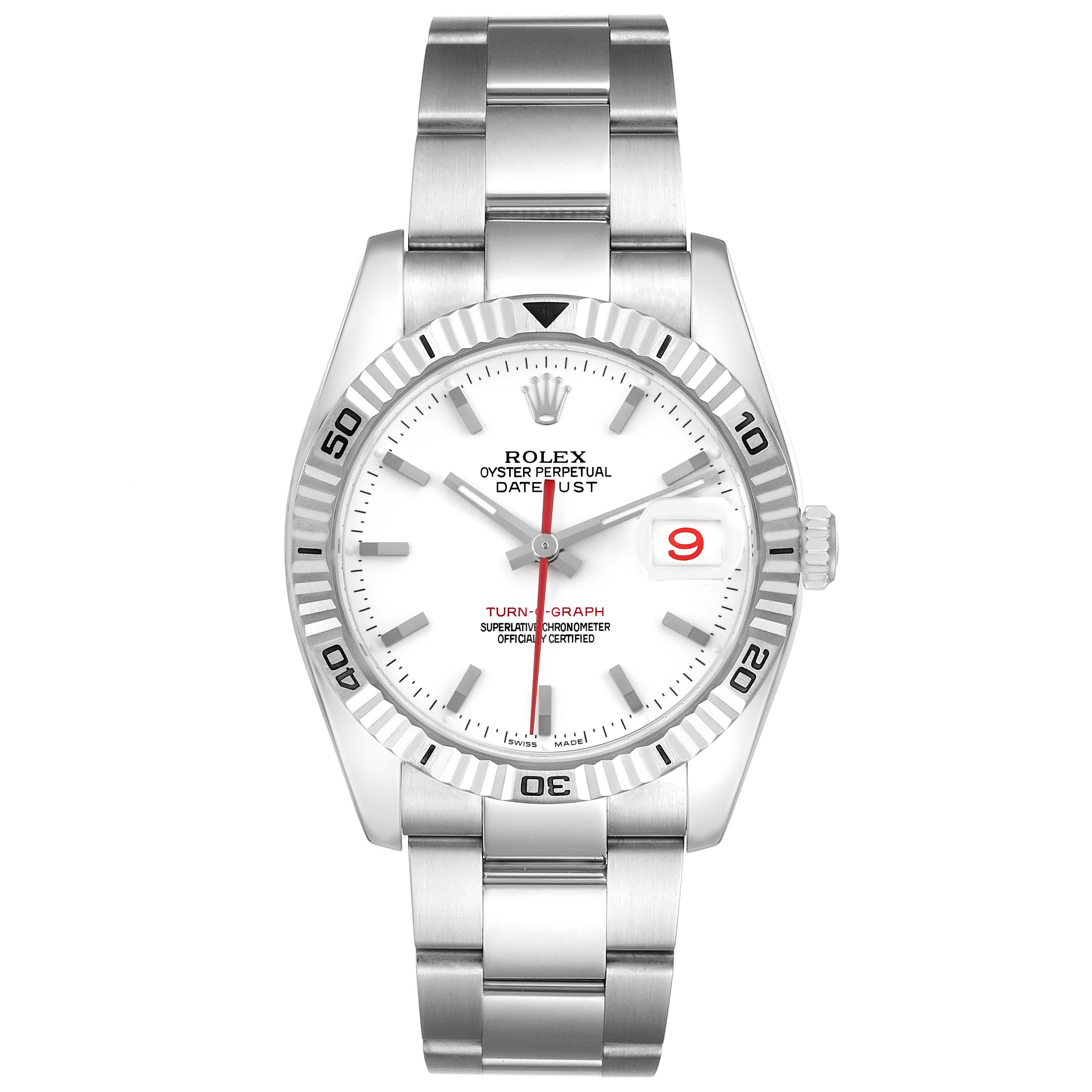 The Rolex Turn-o-Graph 116264 Men's Stainless Steel White Dial 116264 Men's Stainless Steel White Dial watch is shown from the front, highlighting the dial, bezel, bracelet, and crown.