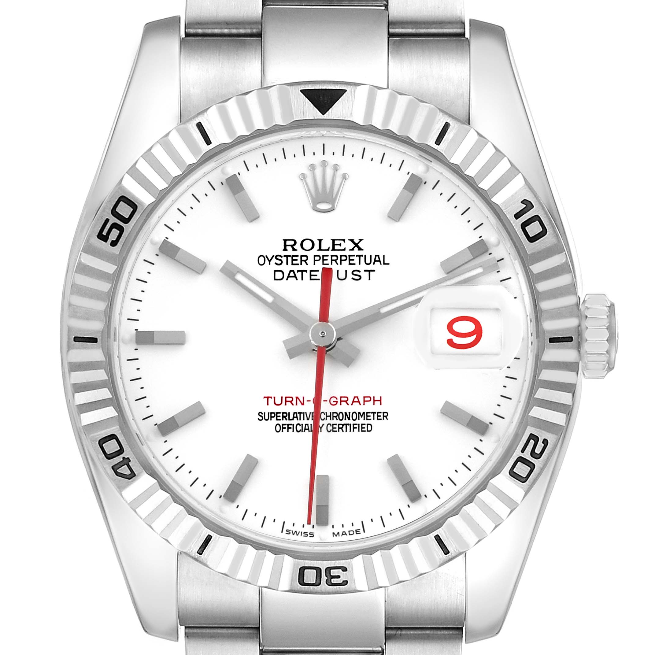 The Rolex Turn-o-Graph 116264 Men's Stainless Steel White Dial 116264 Men's Stainless Steel White Dial watch is shown from a frontal angle, displaying the dial, fluted bezel, and part of the bracelet.