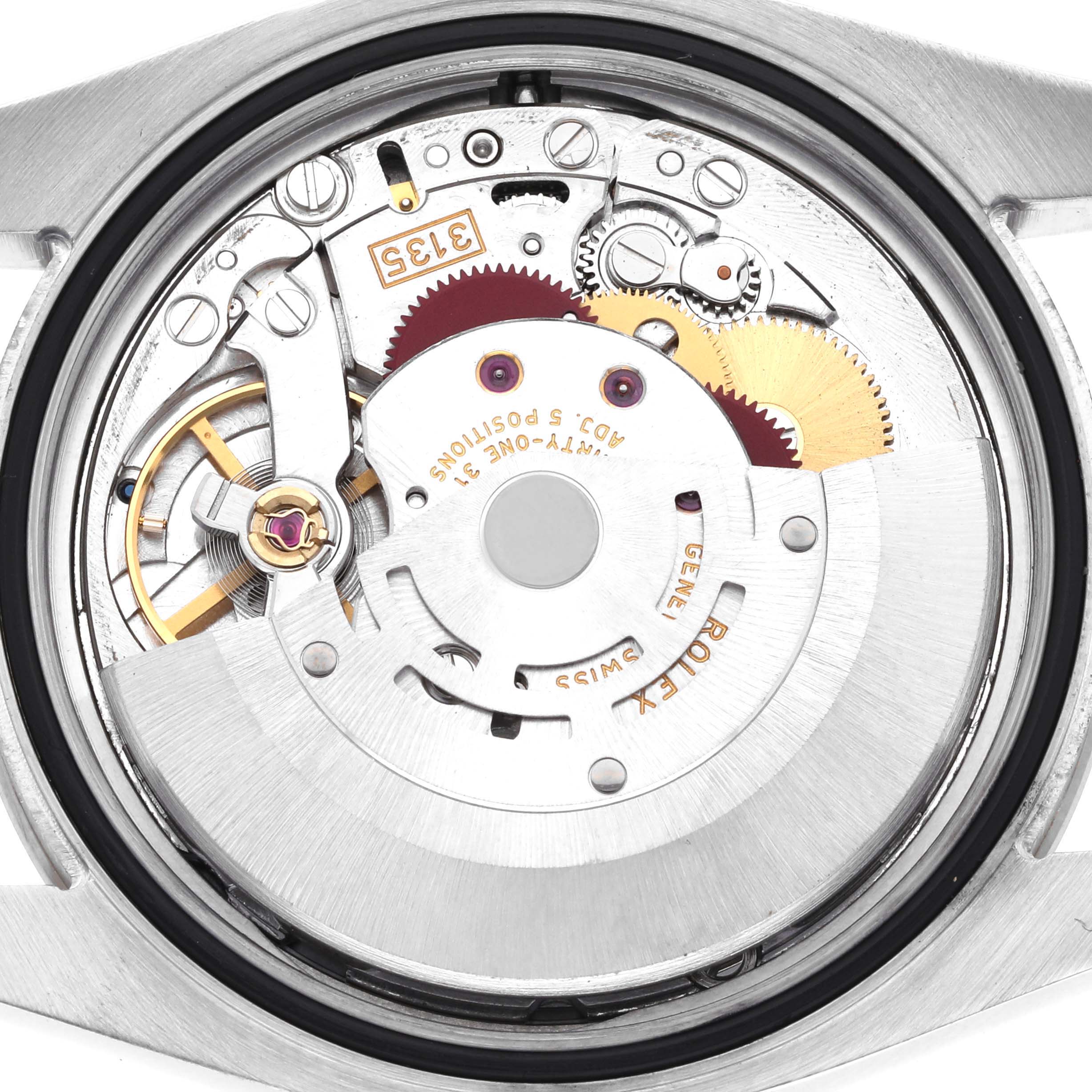 The image shows the back view of a Rolex Turn-o-Graph 116264 Men's Stainless Steel White Dial 116264 Men's Stainless Steel White Dial, highlighting its intricate movement and gears.