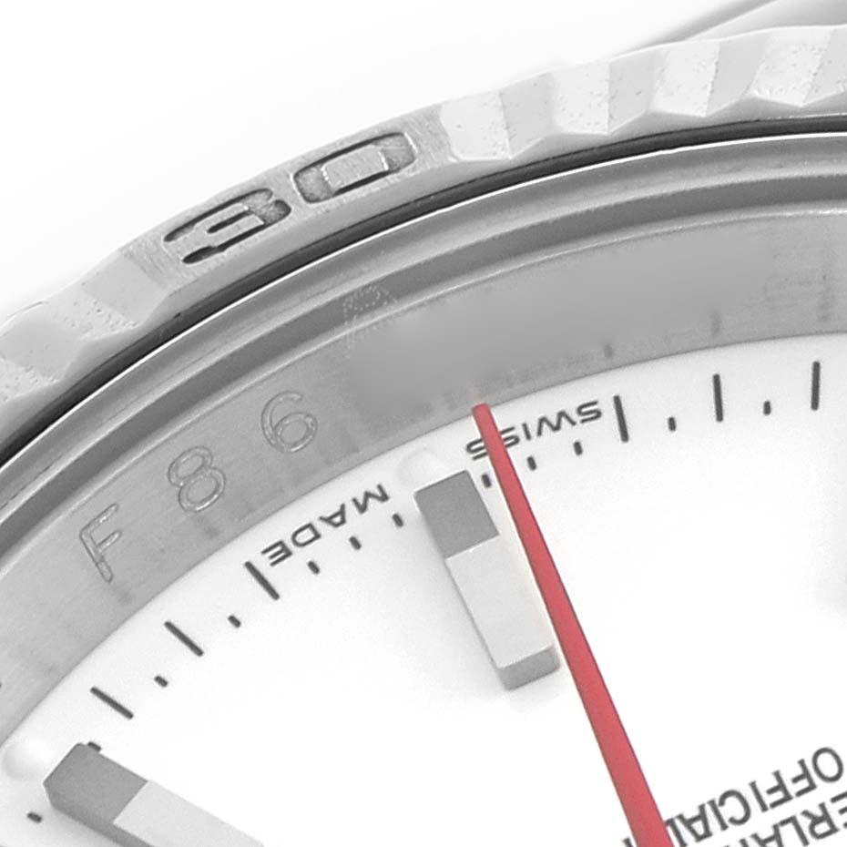 The image shows a close-up of the bezel, dial, and second hand of a Rolex Turn-o-Graph 116264 Men's Stainless Steel White Dial 116264 Men's Stainless Steel White Dial watch.