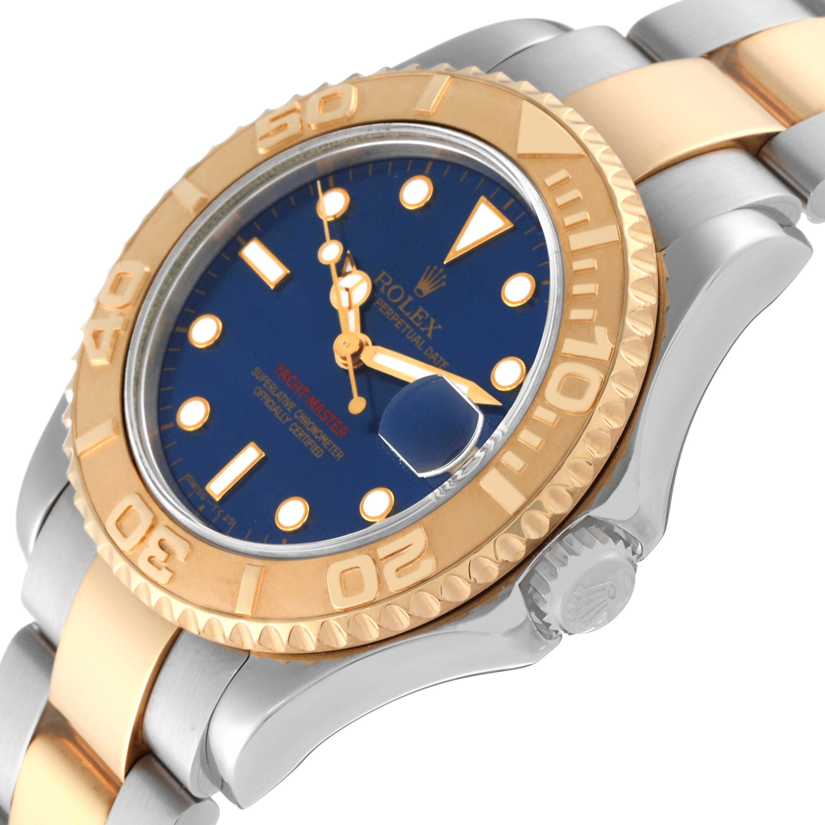 The image shows a close-up of the Rolex Yacht-Master 68623 Men's Steel and Gold (two tone) Blue Dial 68623 Men's Steel and Gold (two tone) Blue Dial watch at an angle, highlighting the dial, bezel, and part of the bracelet.