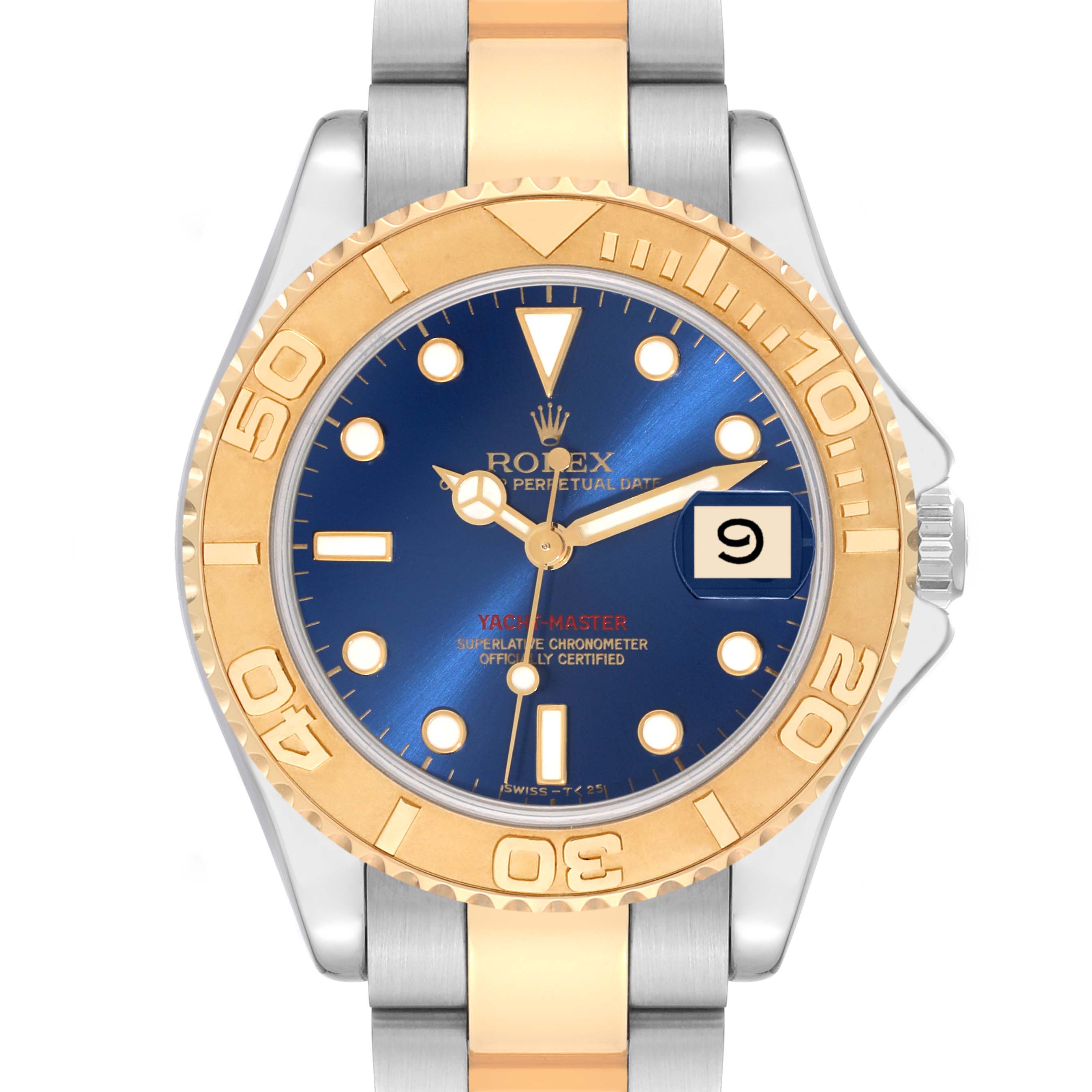 This image shows a frontal view of the Rolex Yacht-Master 68623 Men's Steel and Gold (two tone) Blue Dial 68623 Men's Steel and Gold (two tone) Blue Dial watch, highlighting the blue dial, gold bezel, hands, and two-tone bracelet.