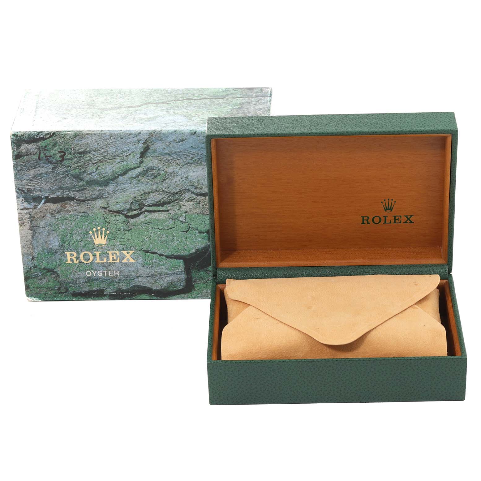 The image shows the Rolex Yacht-Master 68623 Men's Steel and Gold (two tone) Blue Dial 68623 Men's Steel and Gold (two tone) Blue Dial watch box and pouch, both open and displayed from the front angle.