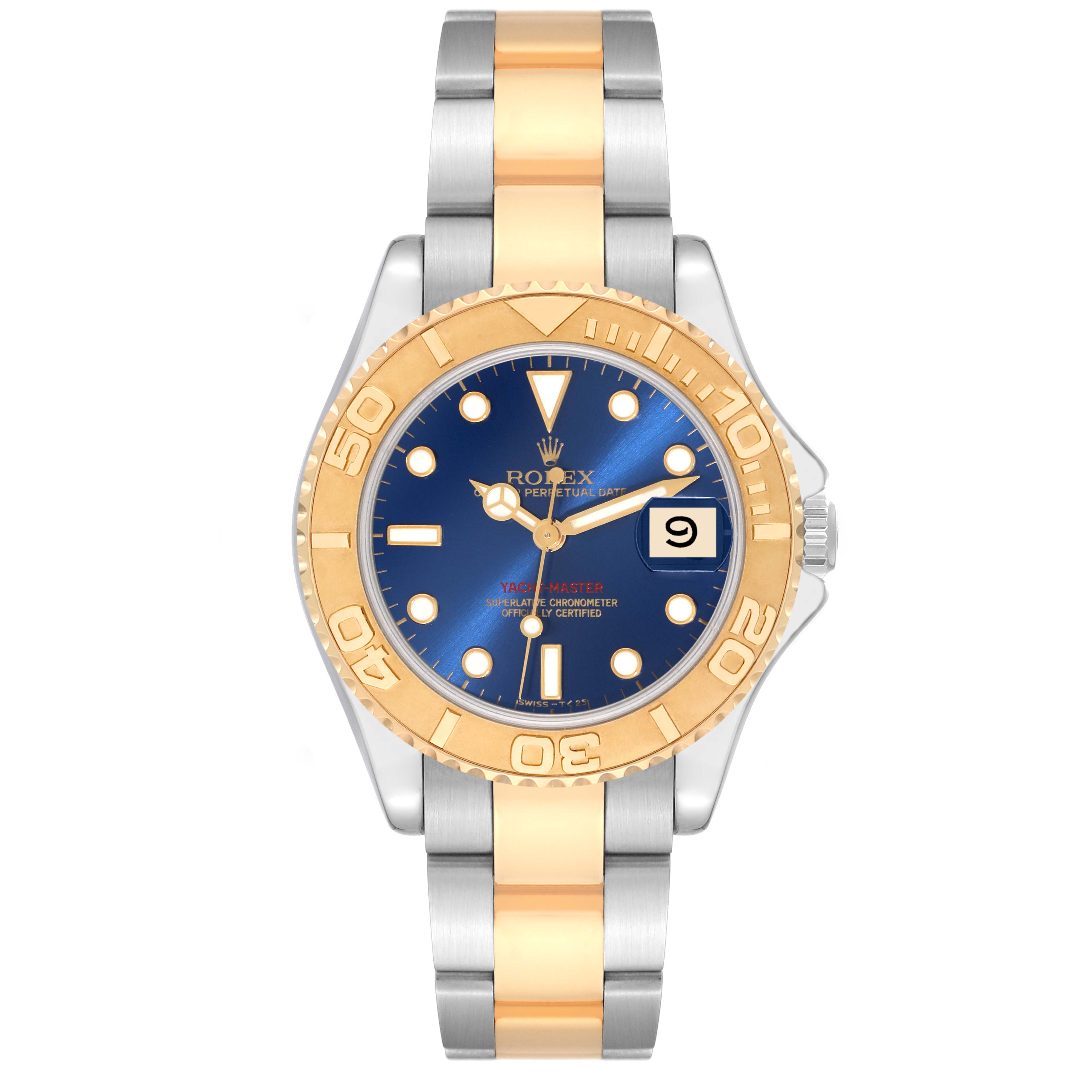 The image shows a front view of the Rolex Yacht-Master 68623 Men's Steel and Gold (two tone) Blue Dial 68623 Men's Steel and Gold (two tone) Blue Dial watch, highlighting its blue dial, gold bezel, and two-tone metal bracelet.