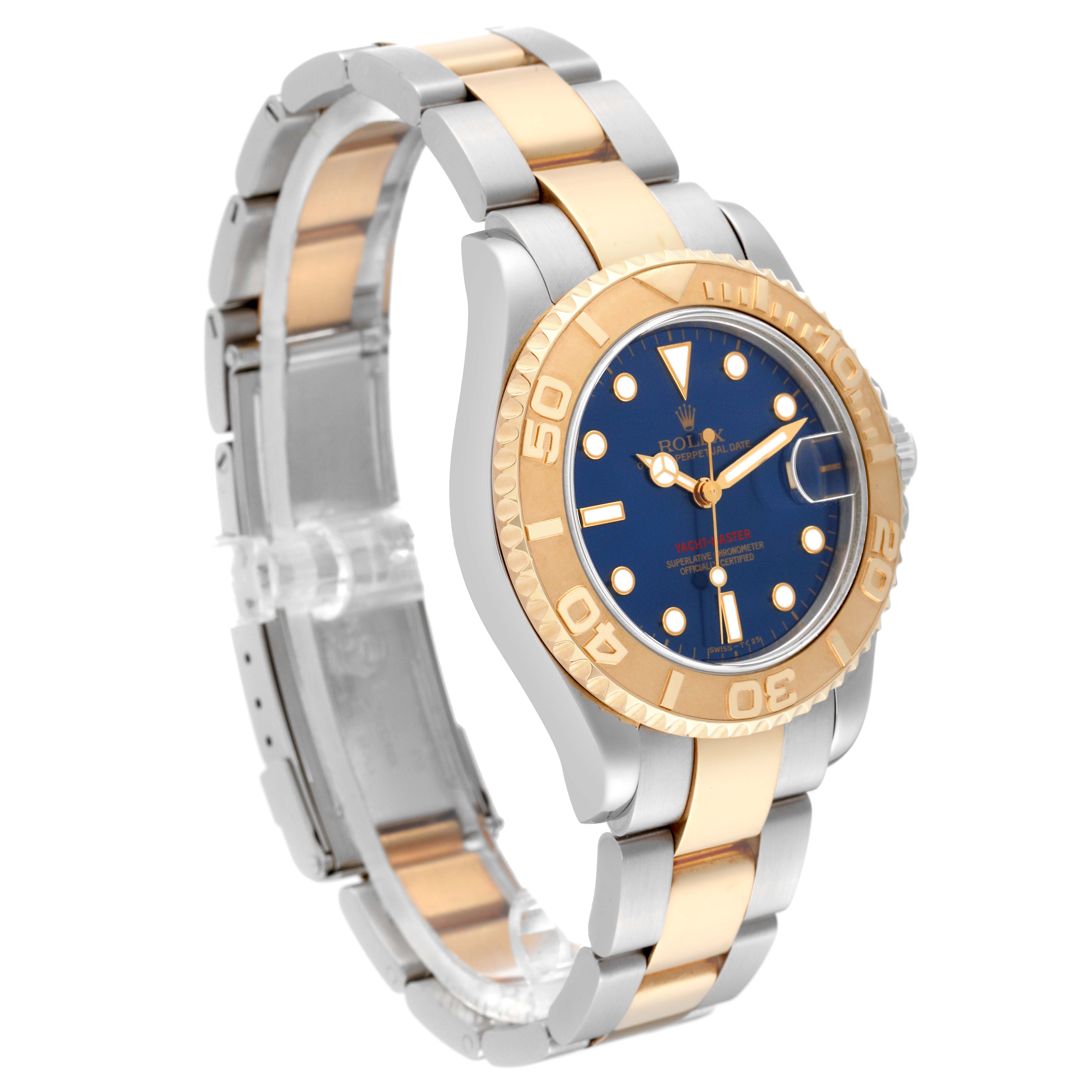 The Rolex Yacht-Master 68623 Men's Steel and Gold (two tone) Blue Dial 68623 Men's Steel and Gold (two tone) Blue Dial watch is shown at a three-quarter angle, displaying the face, bezel, and two-tone bracelet.