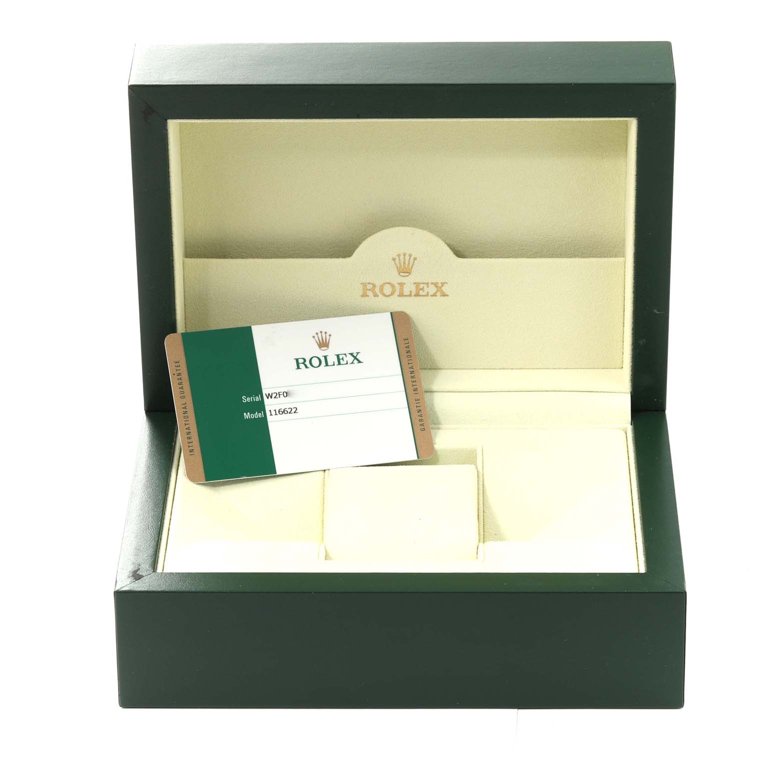 The image shows an empty Rolex Yacht-Master 116622 Men
s Stainless Steel Silver Dial 116622 Men
s Stainless Steel Silver Dial watch box with a warranty card inside.