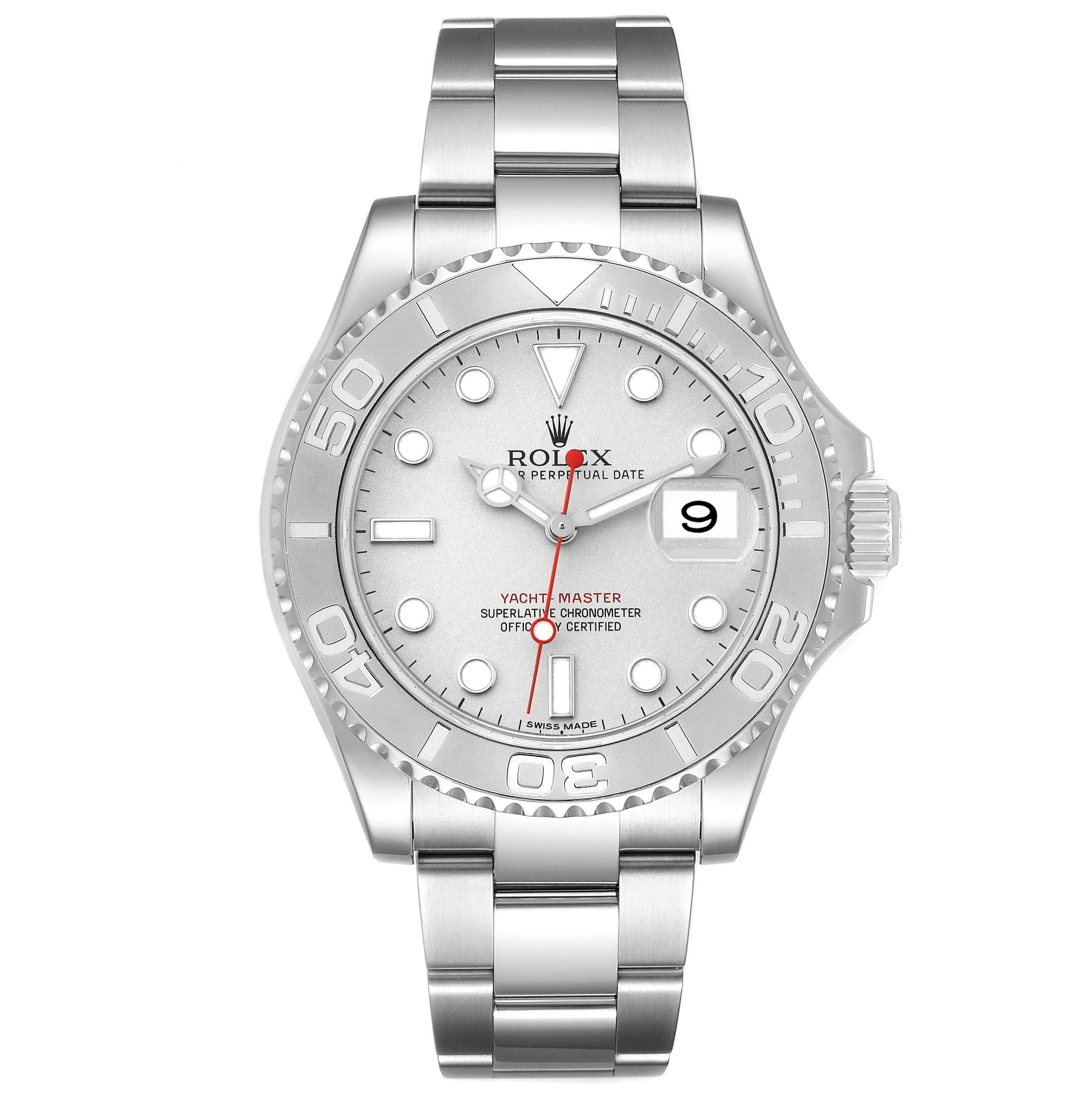 The image shows a front view of the Rolex Yacht-Master 116622 Men
s Stainless Steel Silver Dial 116622 Men
s Stainless Steel Silver Dial watch, displaying its dial, bezel, bracelet, and crown.