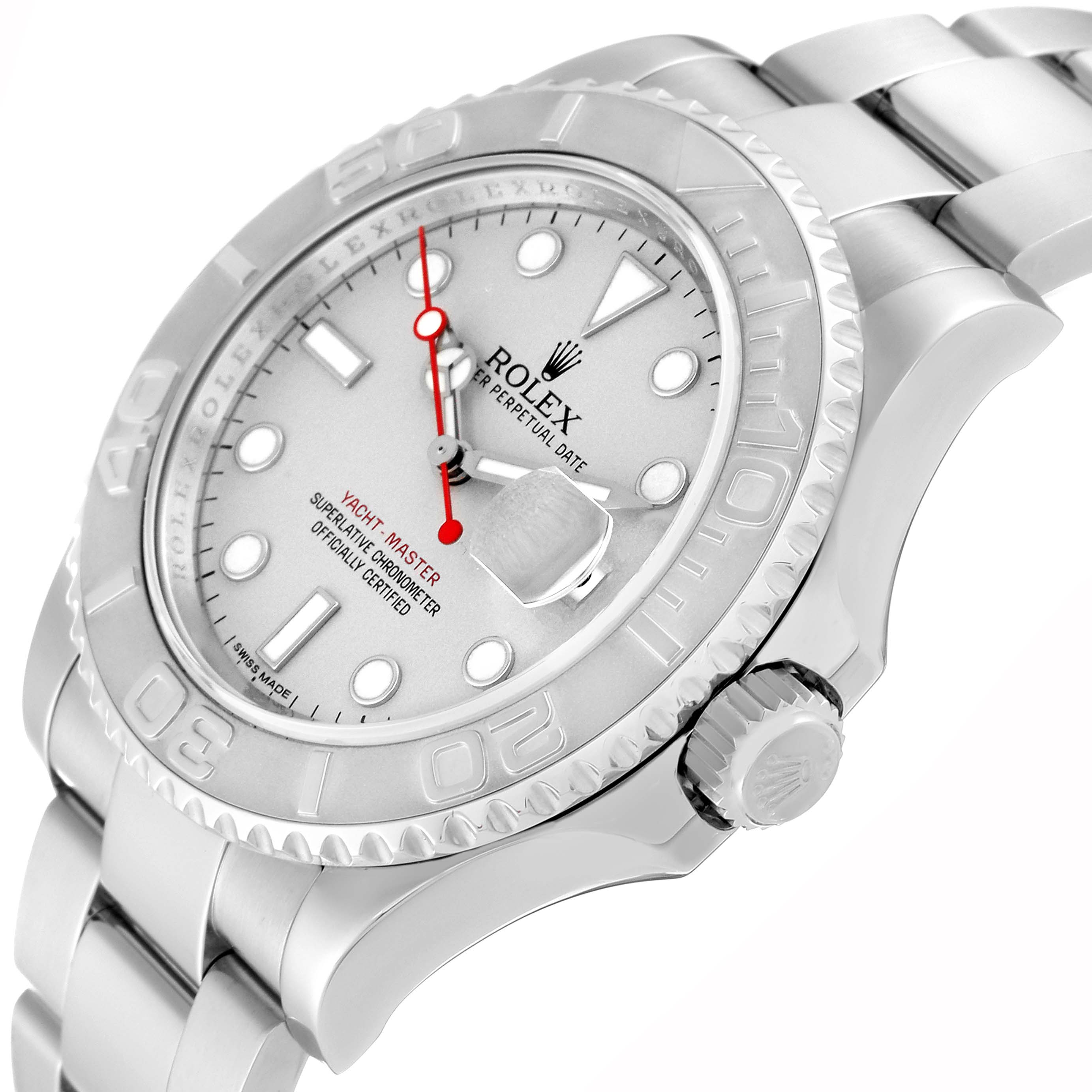 This Rolex Yacht-Master 116622 Men
s Stainless Steel Silver Dial 116622 Men
s Stainless Steel Silver Dial watch is shown at a 3/4 angle, highlighting the bezel, dial, crown, bracelet, and case side.