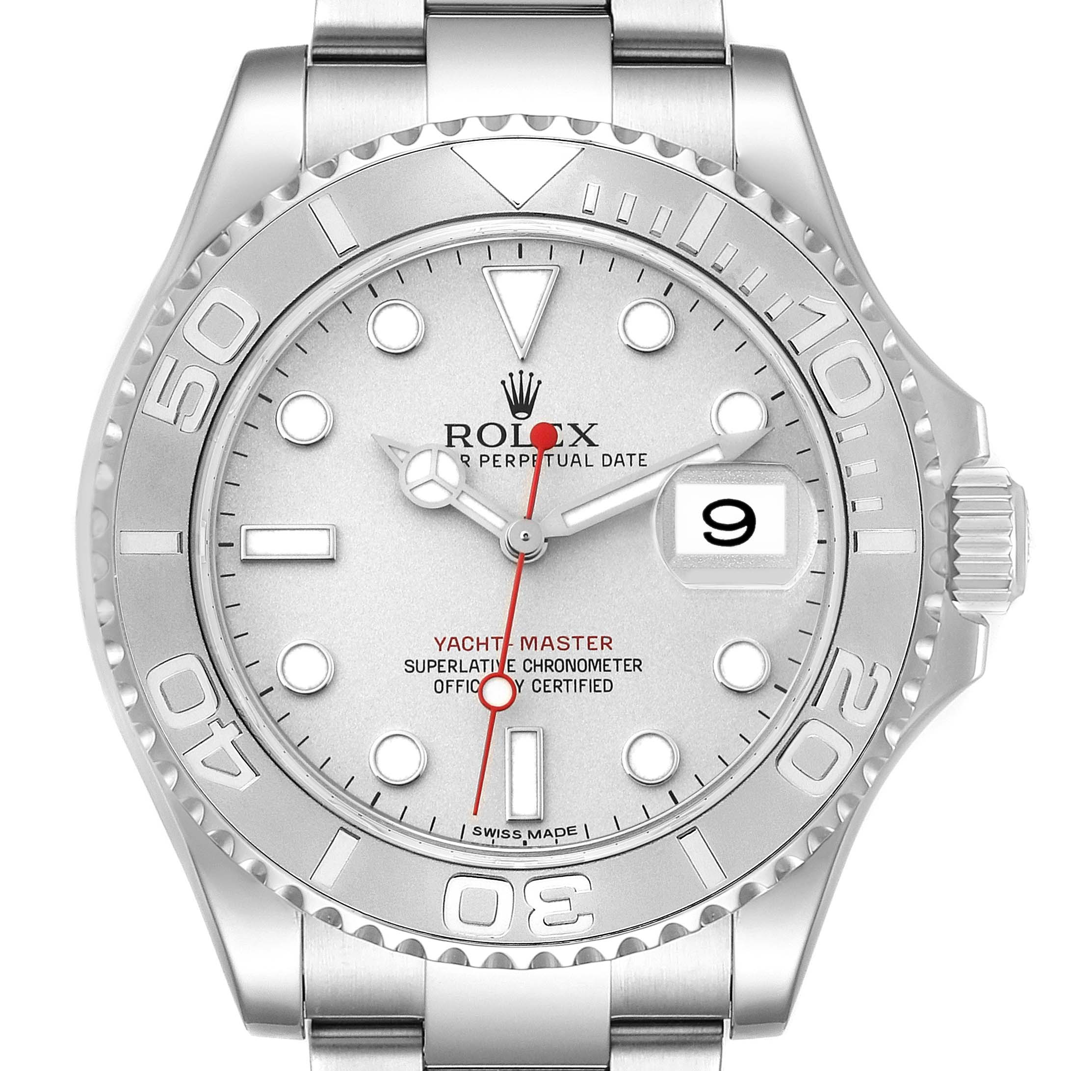 This image shows a front view of the Rolex Yacht-Master 116622 Men
s Stainless Steel Silver Dial 116622 Men
s Stainless Steel Silver Dial watch, displaying the bezel, dial, and crown.