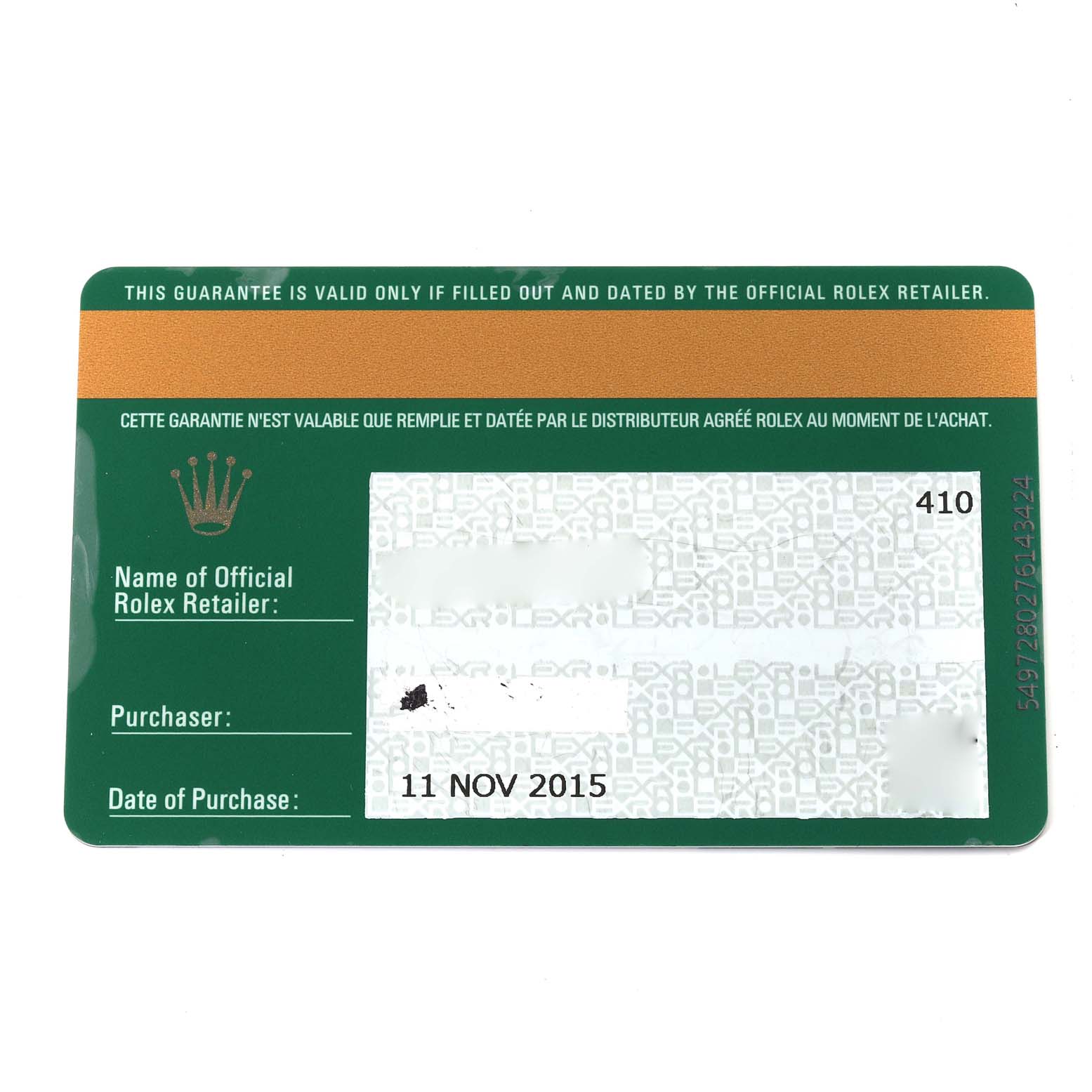 This is the warranty card for the Rolex Yacht-Master 116622 Men
s Stainless Steel Silver Dial 116622 Men
s Stainless Steel Silver Dial model, shown from a top-down angle.