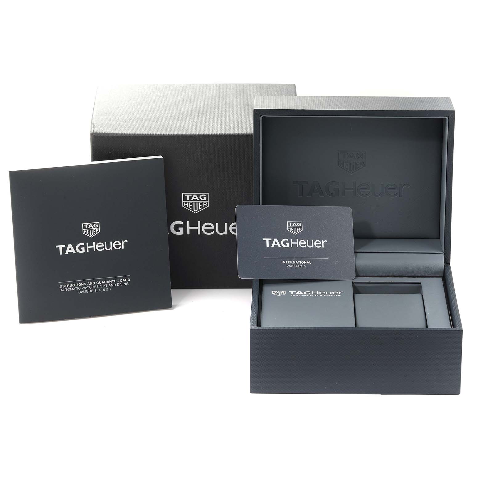 The image shows the packaging, instruction manual, and warranty card of the Tag Heuer Aquaracer WAY201A.BA0927 Men's Stainless Steel Black Dial WAY201A.BA0927 Men's Stainless Steel Black Dial model from a front angle.