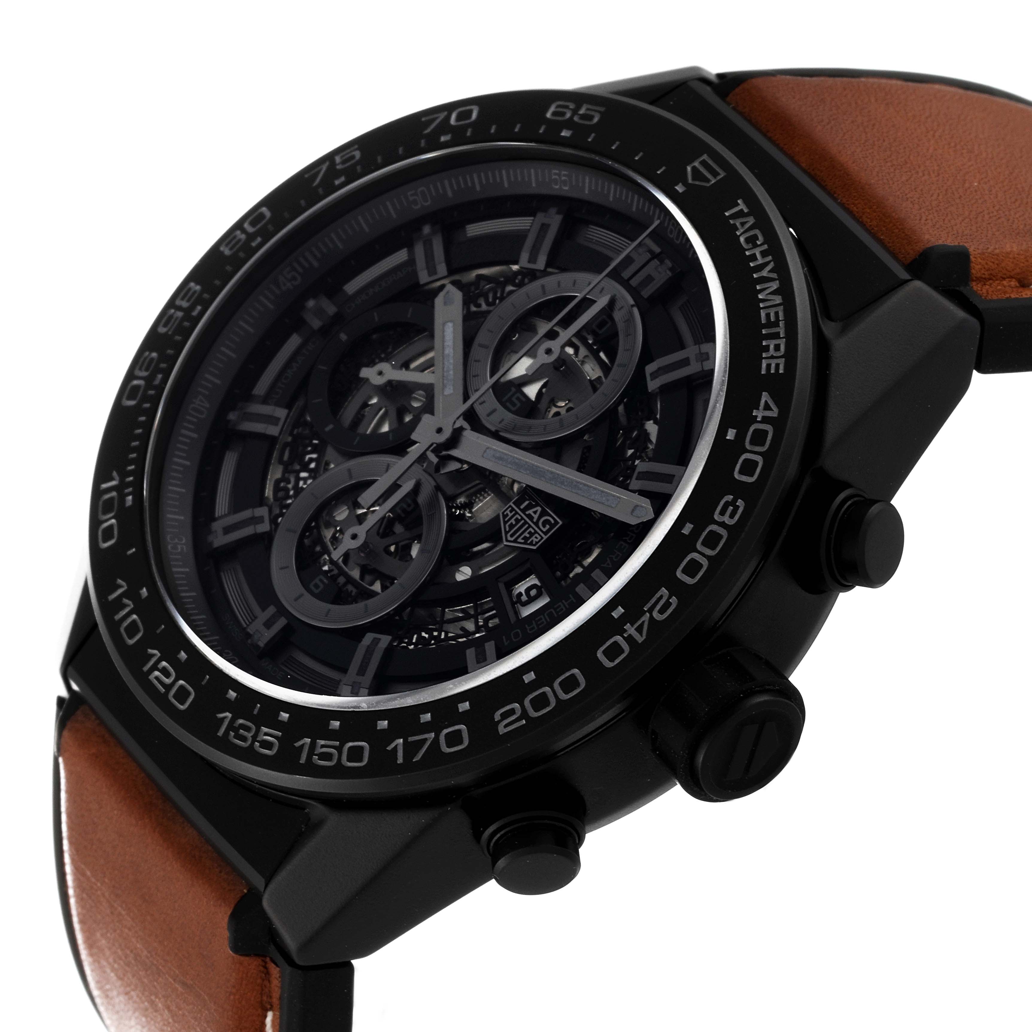 The Tag Heuer Carrera CAR2A91 Men's Ceramic Black Dial CAR2A91 Men's Ceramic Black Dial watch is shown at an oblique angle highlighting the face, bezel, and leather strap.