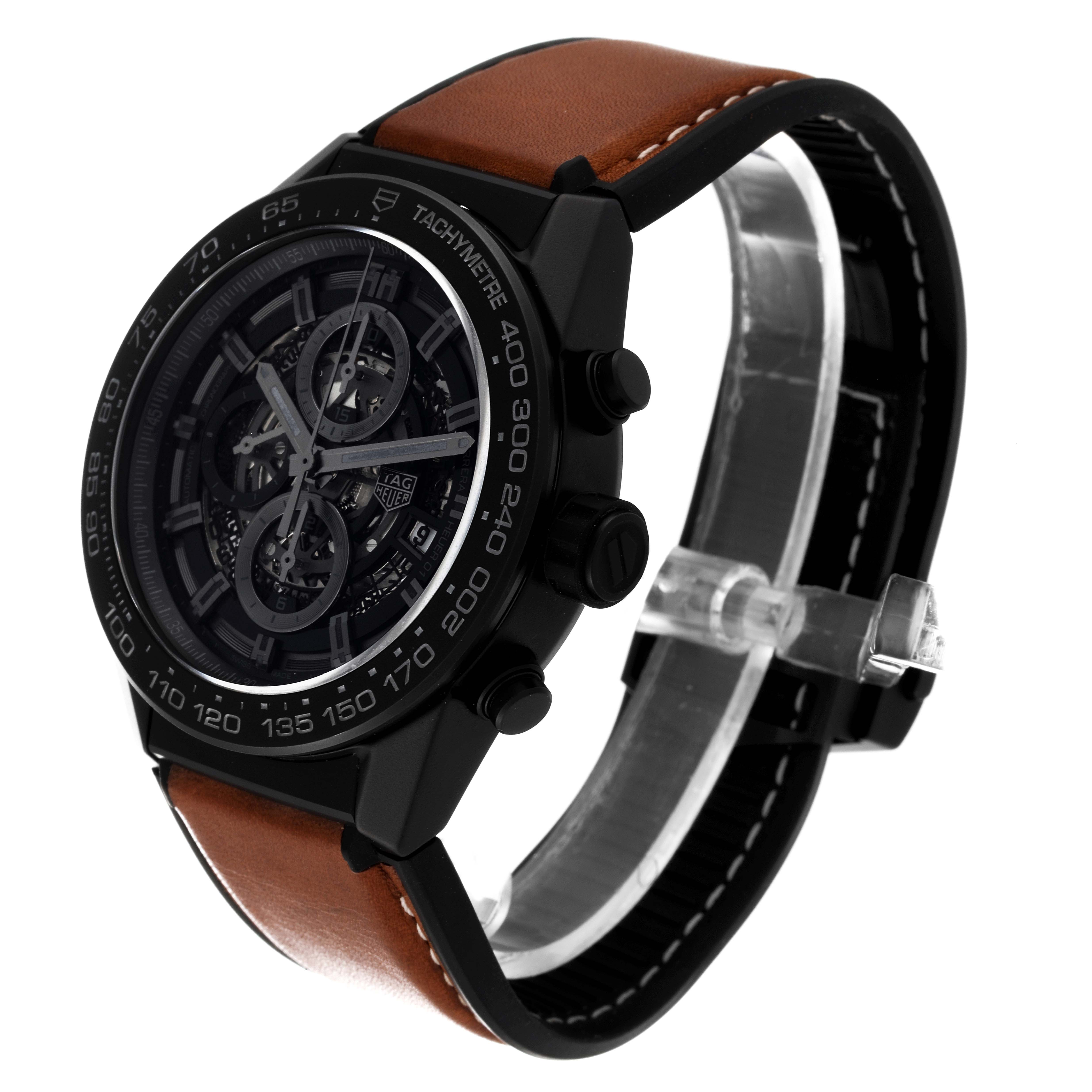 The image displays a side angle of the Tag Heuer Carrera CAR2A91 Men's Ceramic Black Dial CAR2A91 Men's Ceramic Black Dial watch, showcasing the face, dial, buttons, and brown strap.