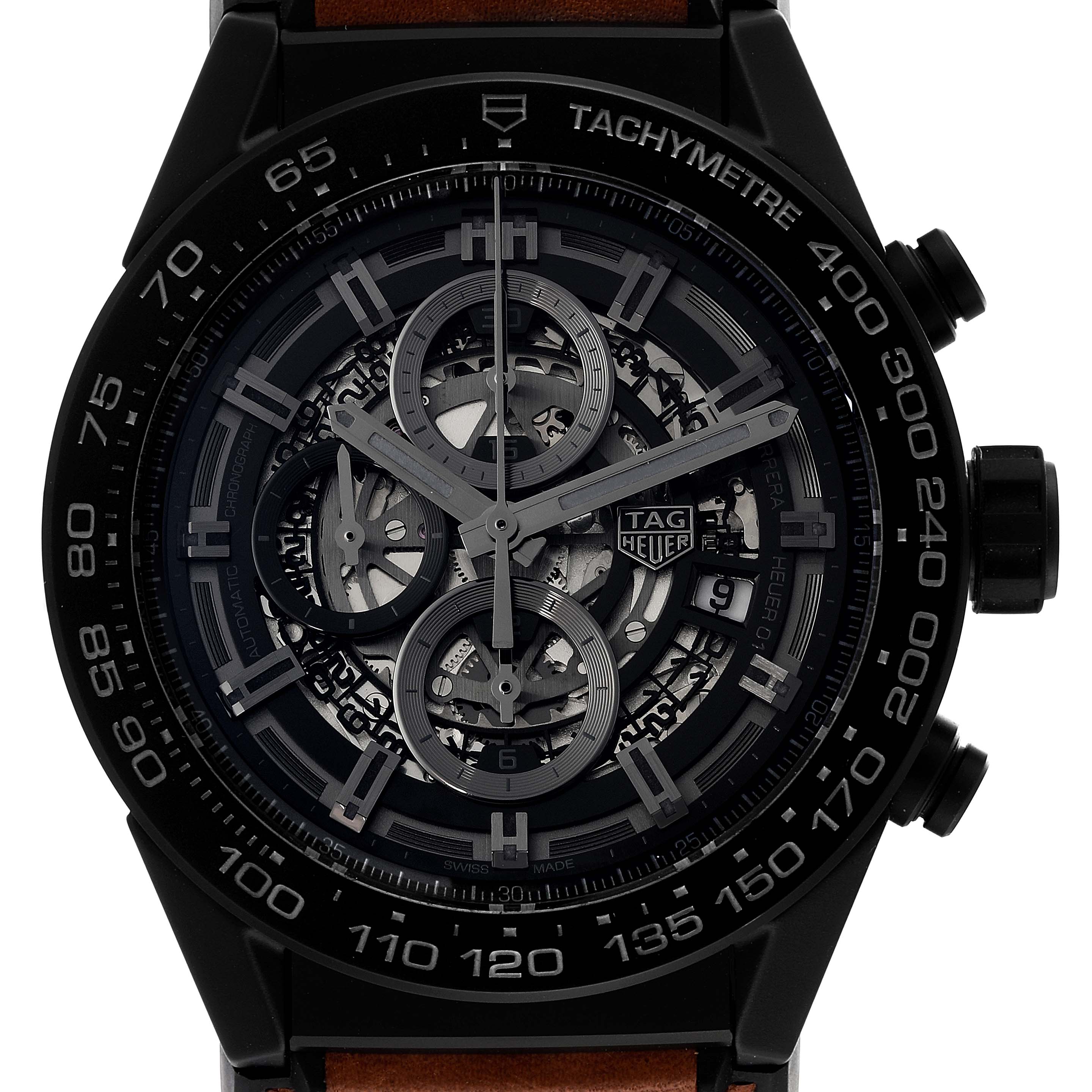 The image shows a front view of the Tag Heuer Carrera CAR2A91 Men's Ceramic Black Dial CAR2A91 Men's Ceramic Black Dial watch, highlighting its dial, tachymeter bezel, and chronograph sub-dials.