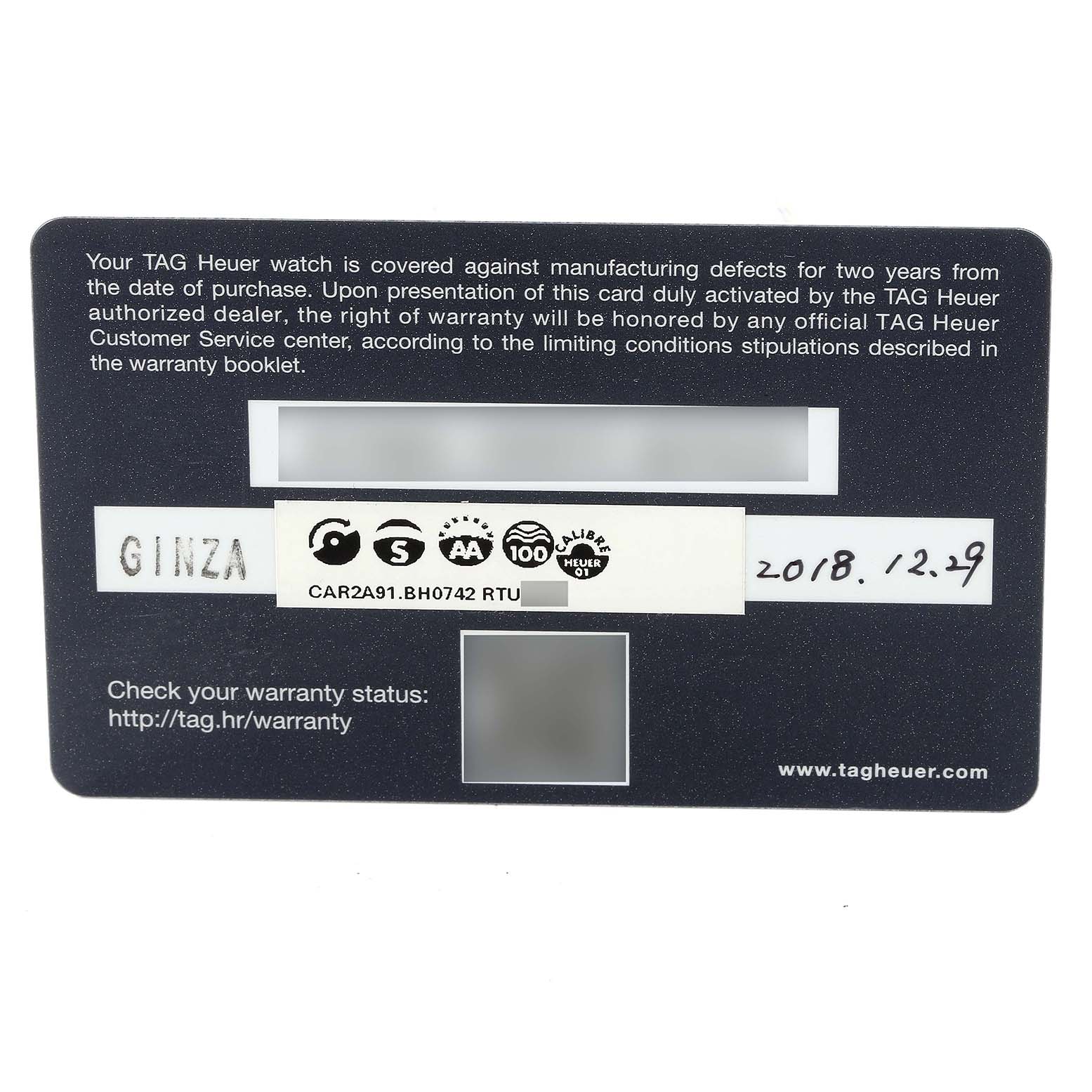 The image shows the warranty card for a Tag Heuer Carrera CAR2A91 Men's Ceramic Black Dial CAR2A91 Men's Ceramic Black Dial watch, providing warranty and purchase details.