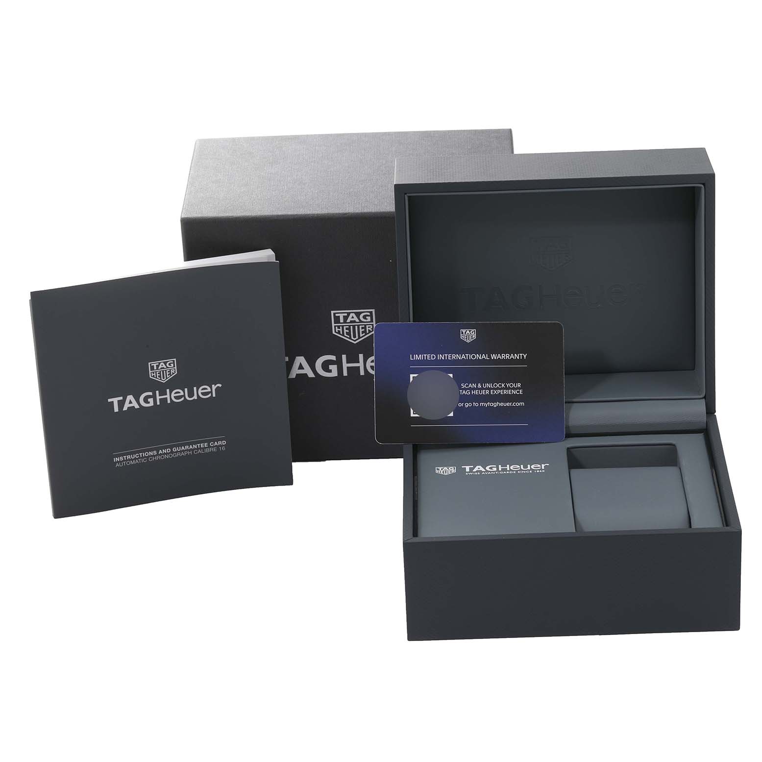The image shows the box, warranty card, and instruction manual for the Tag Heuer Carrera CV201AR Men's Stainless Steel Blue Dial CV201AR Men's Stainless Steel Blue Dial model watch.