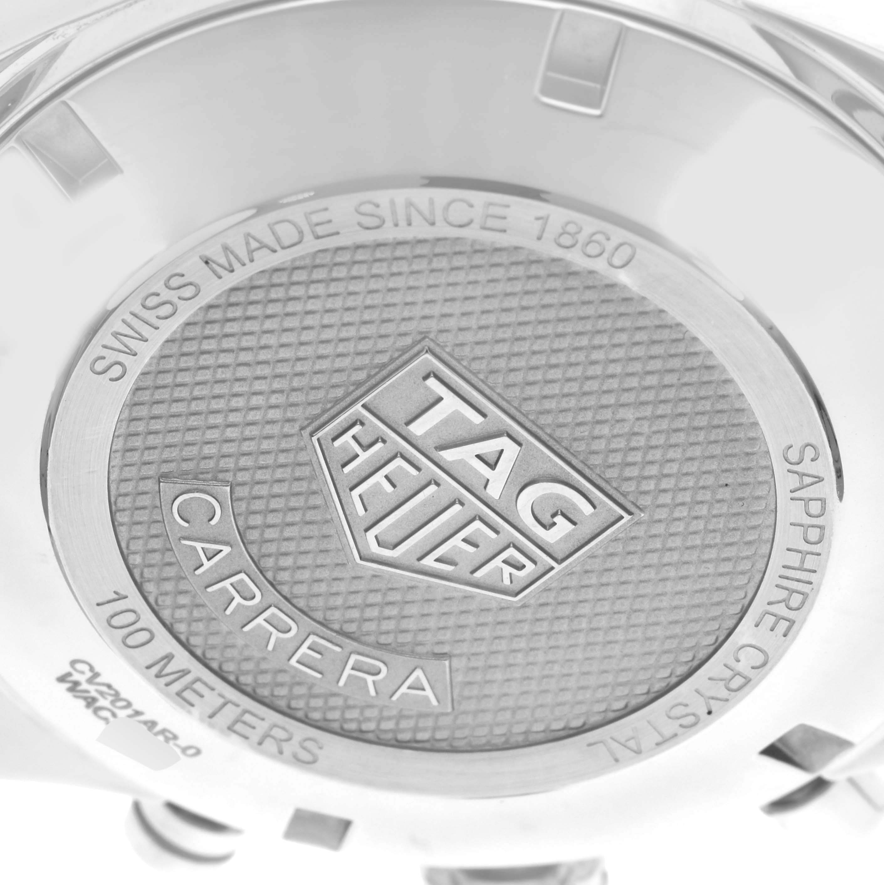 The image shows the back case of a Tag Heuer Carrera CV201AR Men's Stainless Steel Blue Dial CV201AR Men's Stainless Steel Blue Dial watch, featuring the brand logo and specifications.
