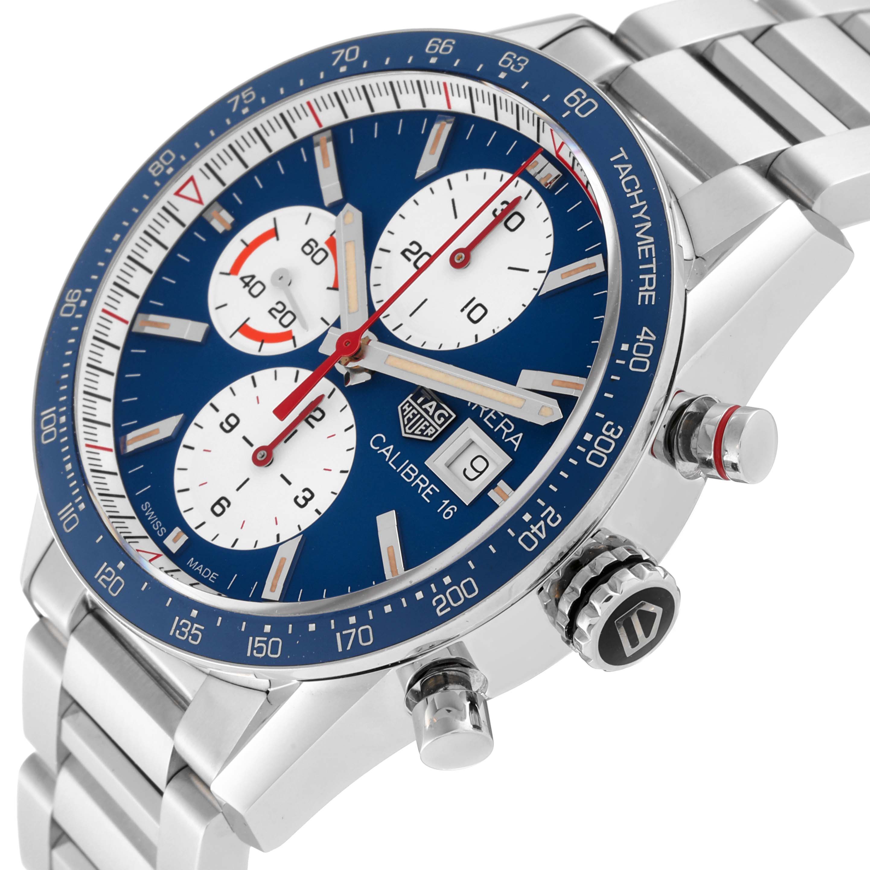 The image shows a close-up angle of the Tag Heuer Carrera CV201AR Men's Stainless Steel Blue Dial CV201AR Men's Stainless Steel Blue Dial watch, highlighting the watch face, crown, and tachymeter on the bezel.