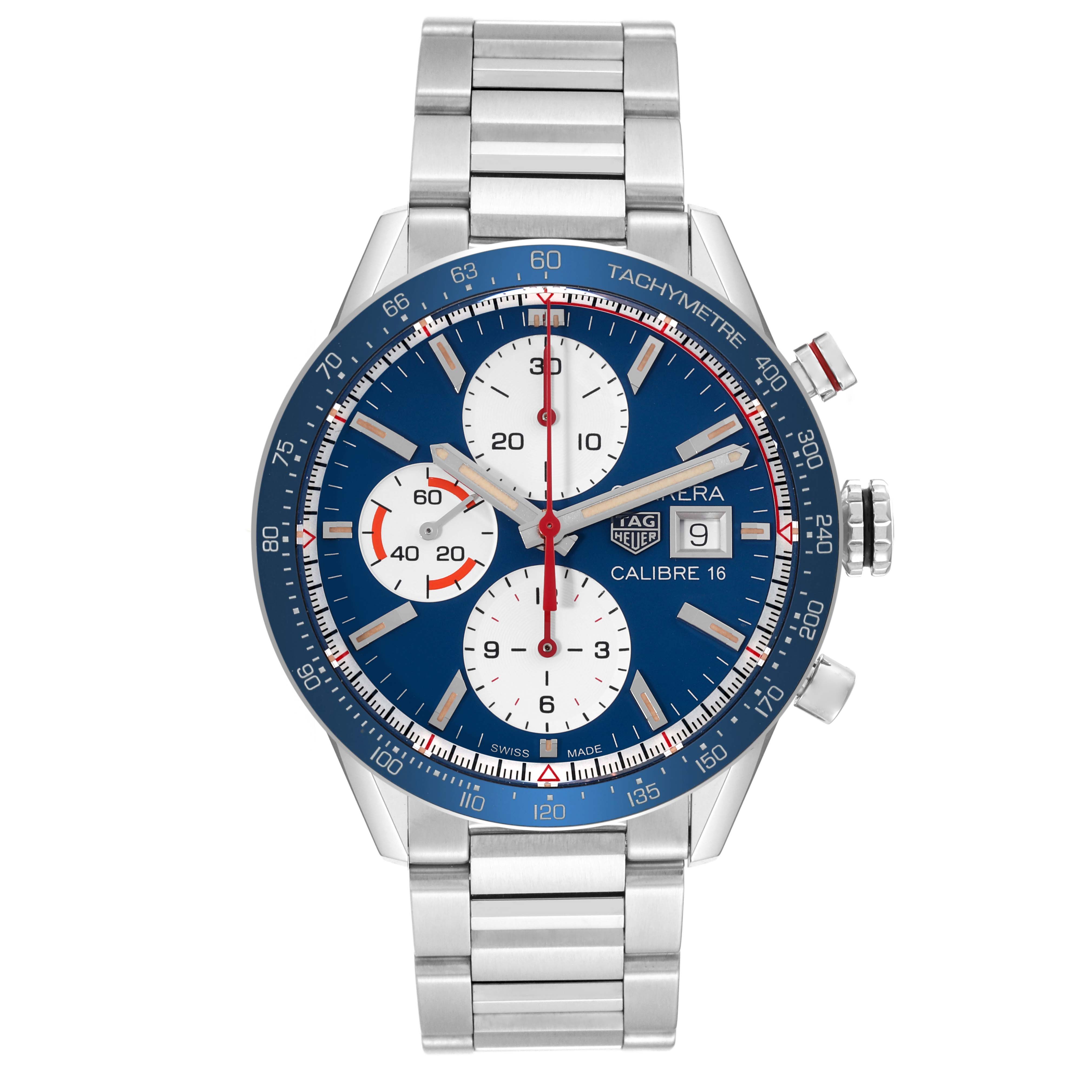 The image shows a front angle view of a Tag Heuer Carrera CV201AR Men's Stainless Steel Blue Dial CV201AR Men's Stainless Steel Blue Dial watch, highlighting its stainless steel band and blue chronograph dial.