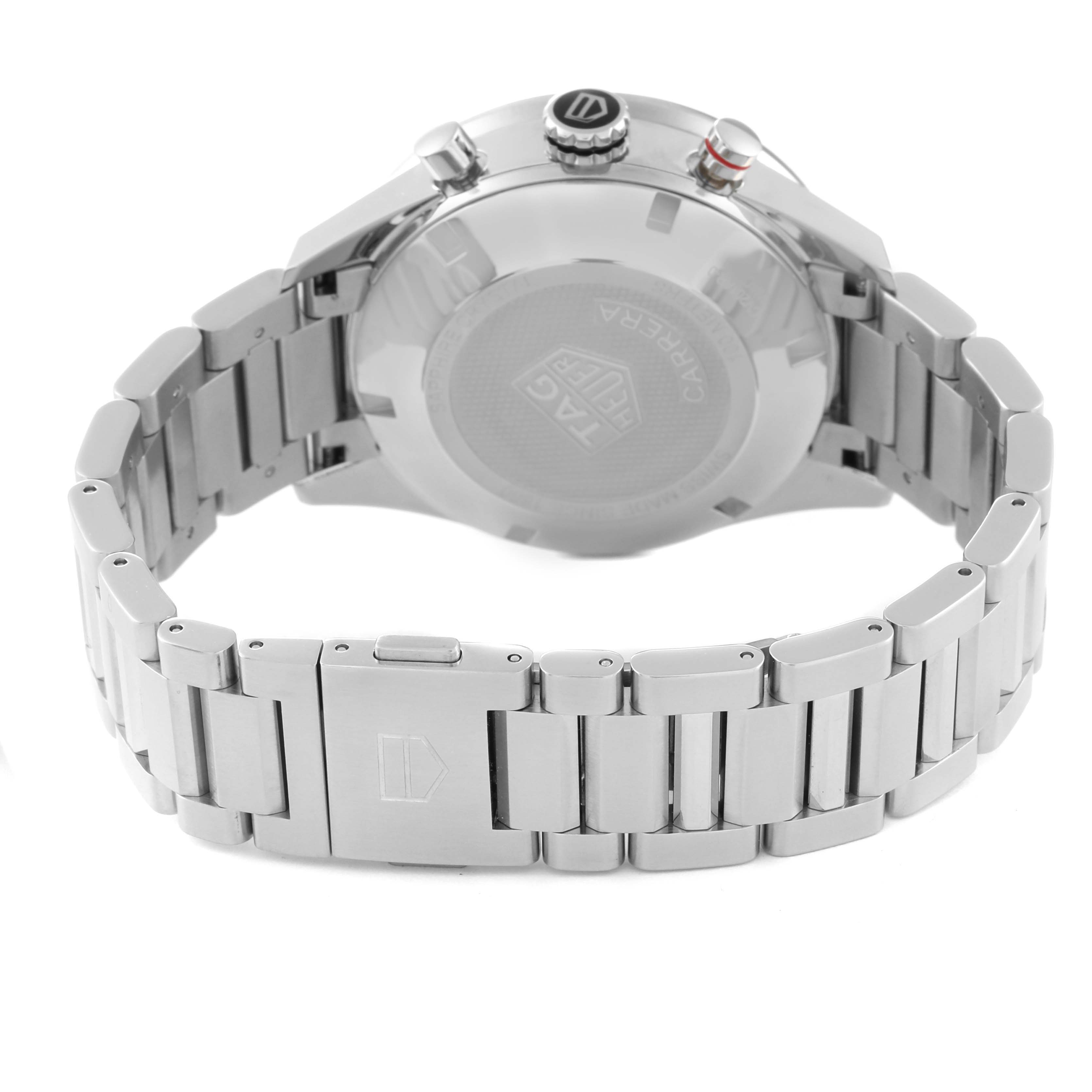 The image shows the back view of a Tag Heuer Carrera CV201AR Men's Stainless Steel Blue Dial CV201AR Men's Stainless Steel Blue Dial watch with its metal bracelet and clasp.