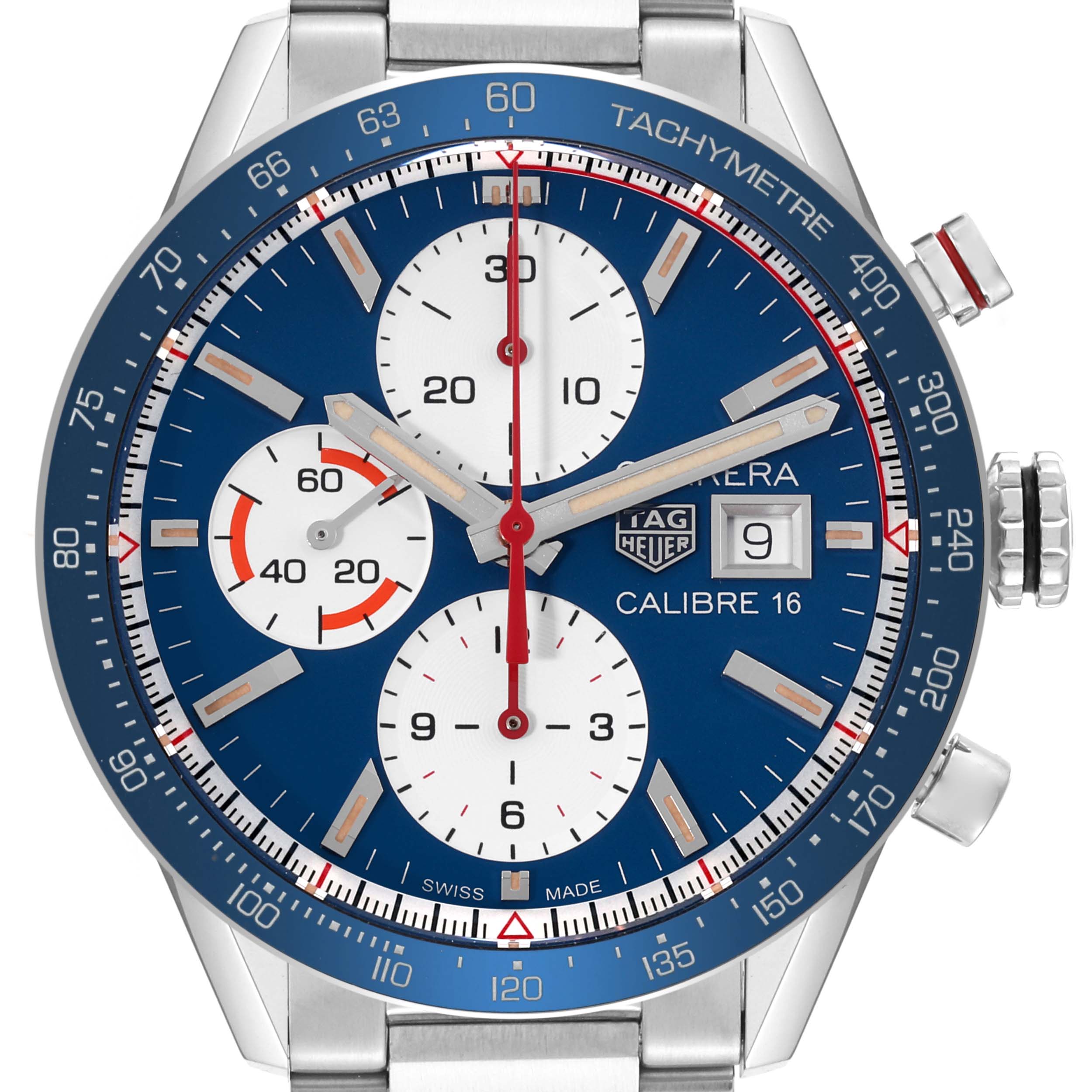 The image shows a close-up front view of a Tag Heuer Carrera CV201AR Men's Stainless Steel Blue Dial CV201AR Men's Stainless Steel Blue Dial watch, displaying its face, dial, and tachymeter bezel.