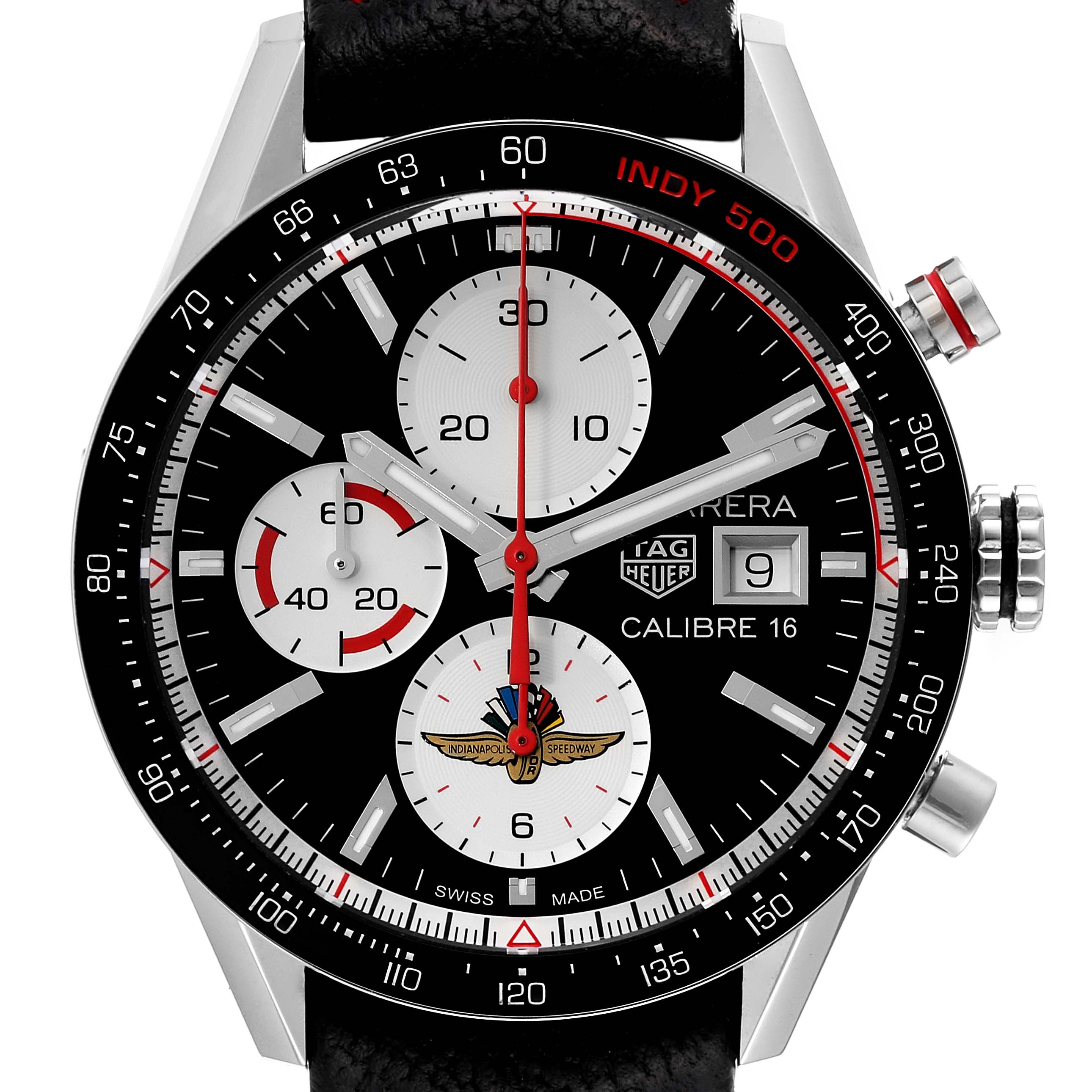 This Tag Heuer Carrera CV201AS.FC6429 Men's Stainless Steel Black Dial CV201AS.FC6429 Men's Stainless Steel Black Dial watch is shown from a straight-on angle, highlighting the dial, subdials, and crown.