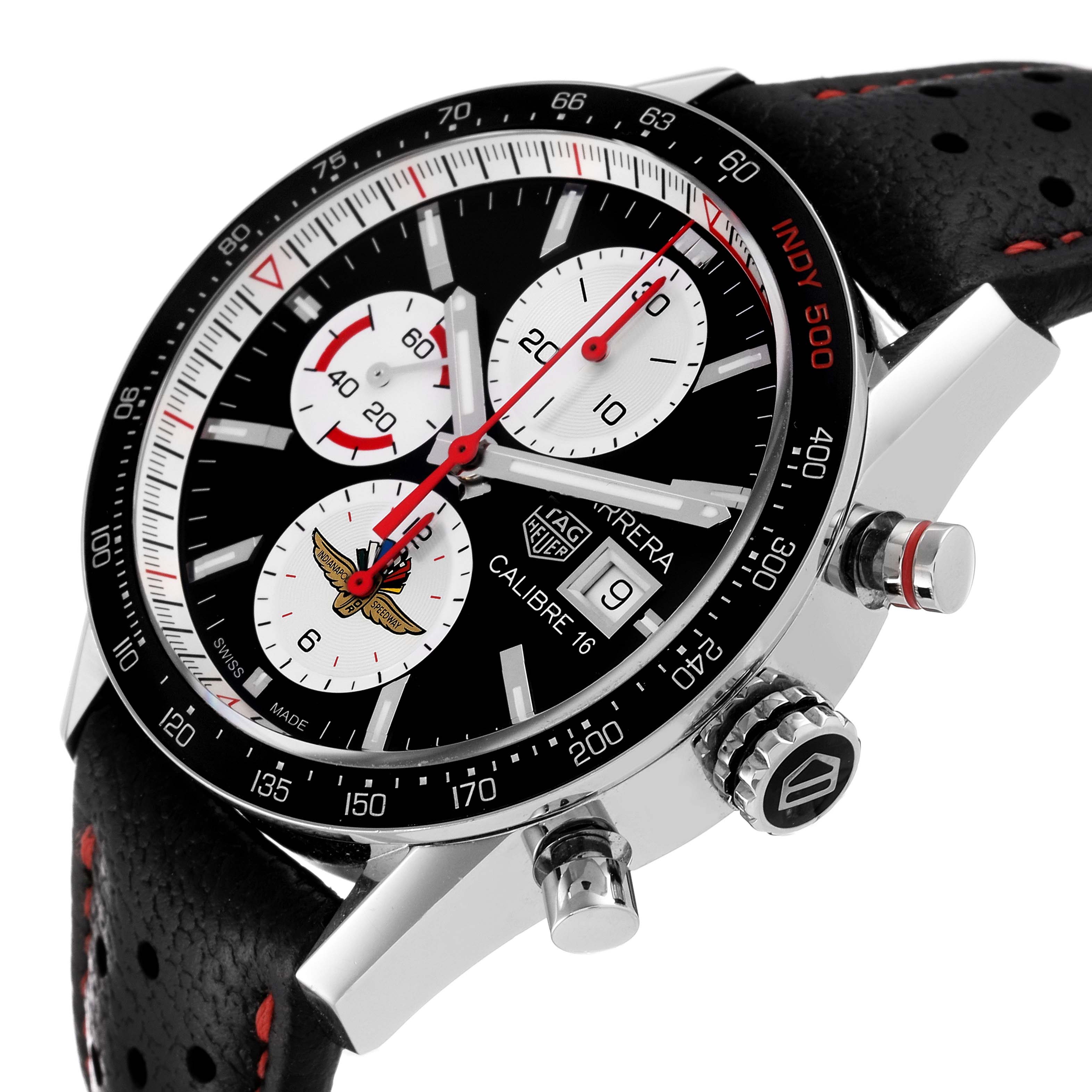 The image shows a close-up, angled view of the Tag Heuer Carrera CV201AS.FC6429 Men's Stainless Steel Black Dial CV201AS.FC6429 Men's Stainless Steel Black Dial watch face, side buttons, and part of the strap.