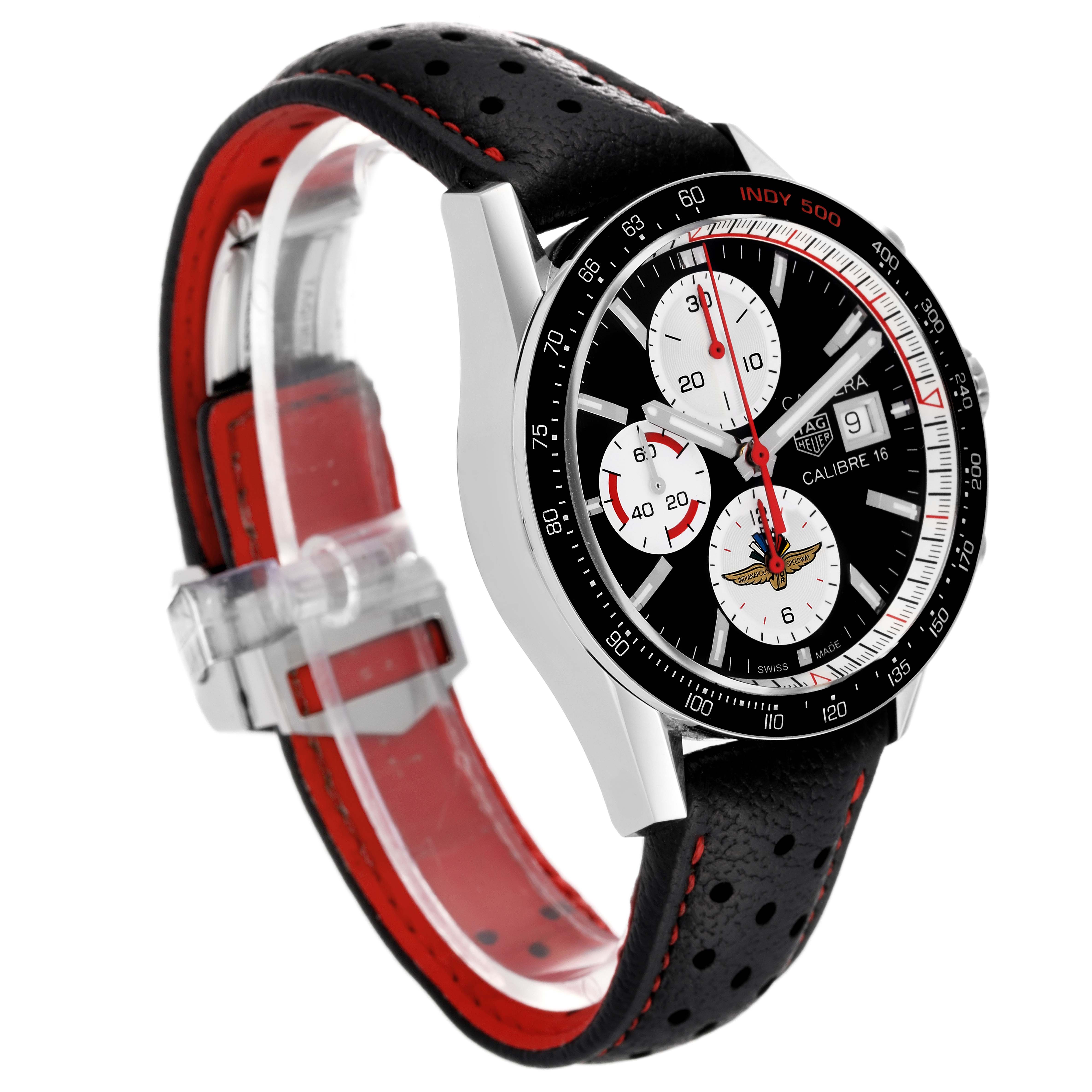 The image shows a side and top view of a Tag Heuer Carrera CV201AS.FC6429 Men's Stainless Steel Black Dial CV201AS.FC6429 Men's Stainless Steel Black Dial watch, featuring the face, bezel, and black leather strap with red stitching.