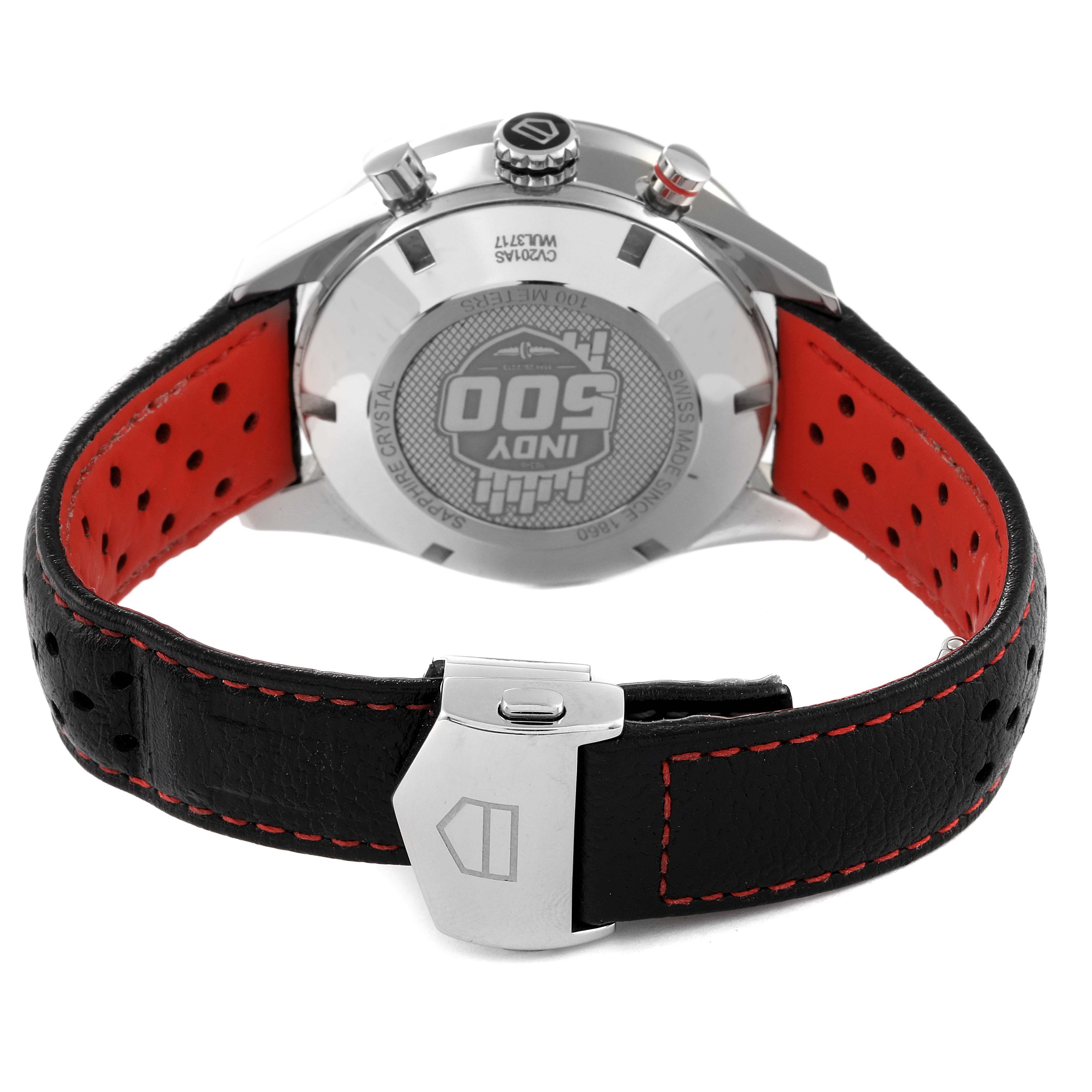 The image shows the back view of a Tag Heuer Carrera CV201AS.FC6429 Men's Stainless Steel Black Dial CV201AS.FC6429 Men's Stainless Steel Black Dial watch, including the case back and part of the leather strap with its clasp.