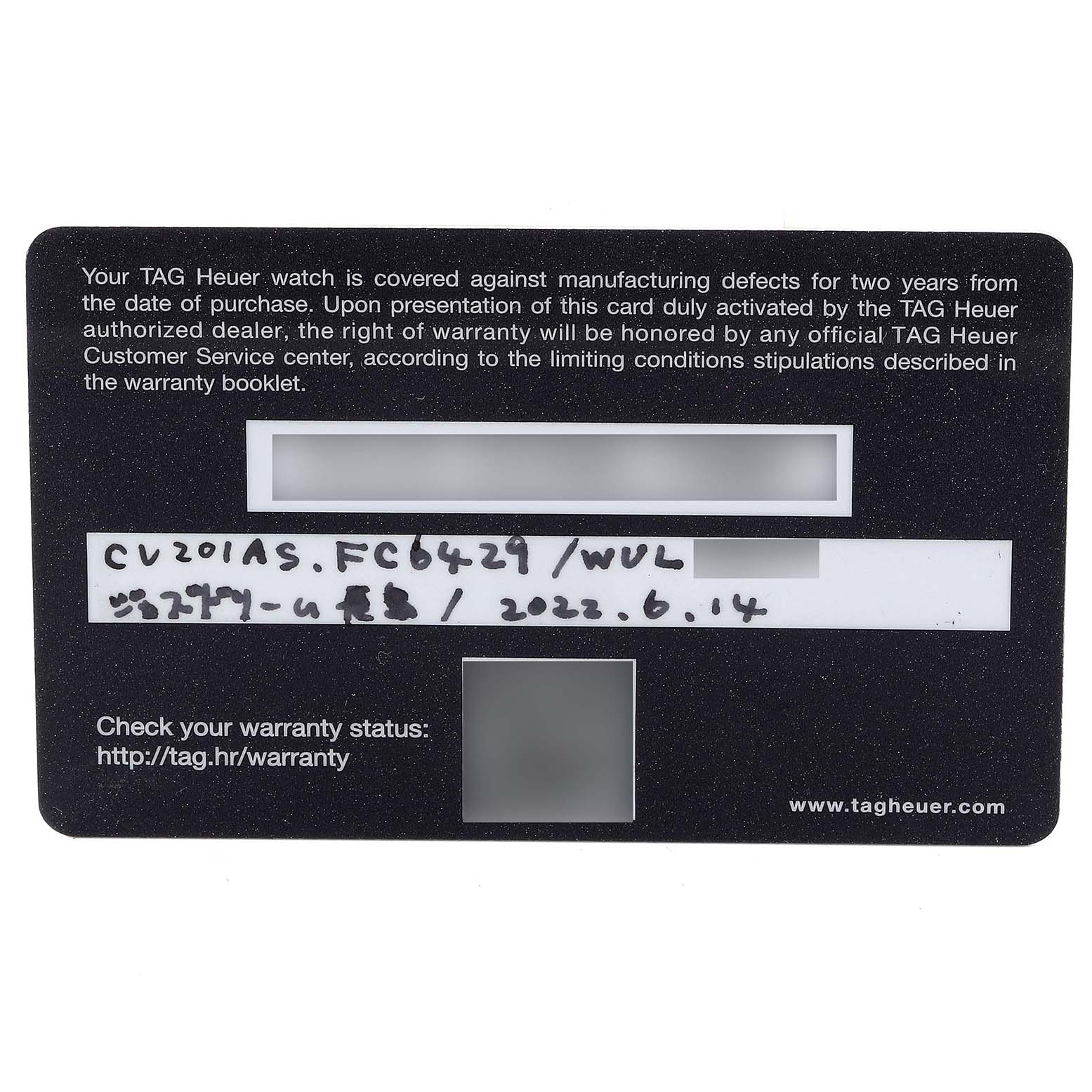 The image shows the warranty card for a Tag Heuer Carrera CV201AS.FC6429 Men's Stainless Steel Black Dial CV201AS.FC6429 Men's Stainless Steel Black Dial model watch.