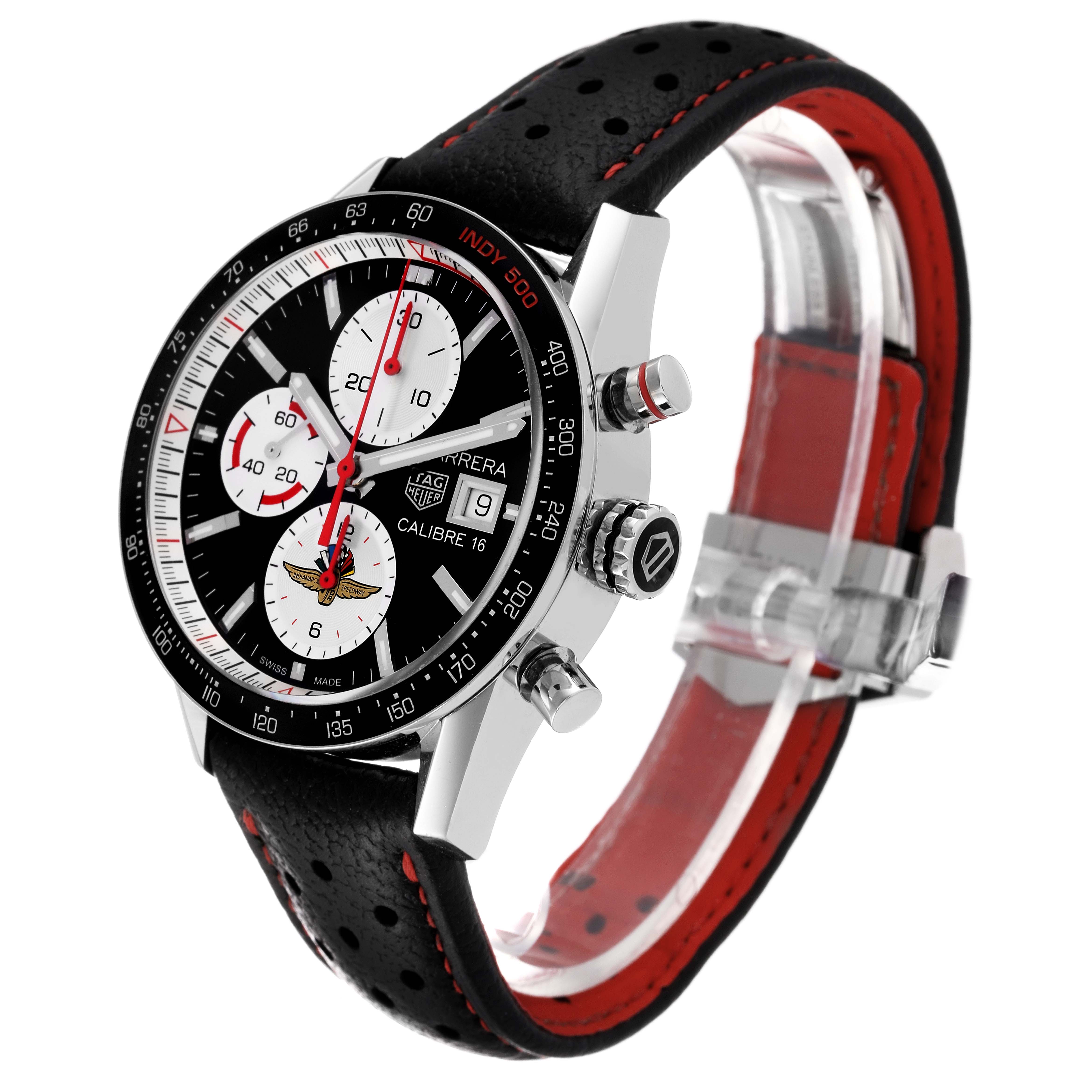 The image shows a side and front angle of the Tag Heuer Carrera CV201AS.FC6429 Men's Stainless Steel Black Dial CV201AS.FC6429 Men's Stainless Steel Black Dial watch, highlighting the face, case, and leather strap.