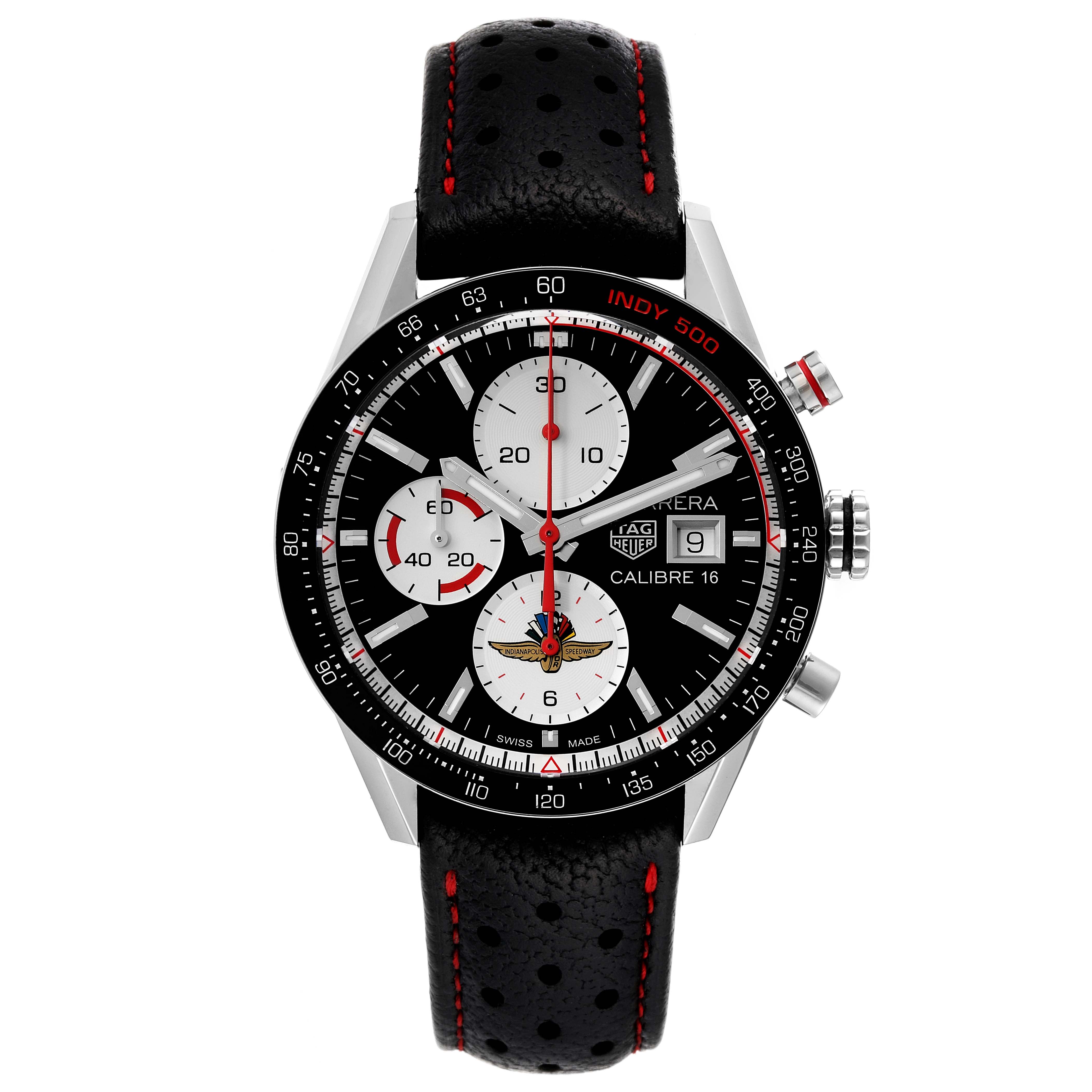 This image shows the front view of the Tag Heuer Carrera CV201AS.FC6429 Men's Stainless Steel Black Dial CV201AS.FC6429 Men's Stainless Steel Black Dial watch, highlighting its black dial, subdials, date window, and perforated leather strap.