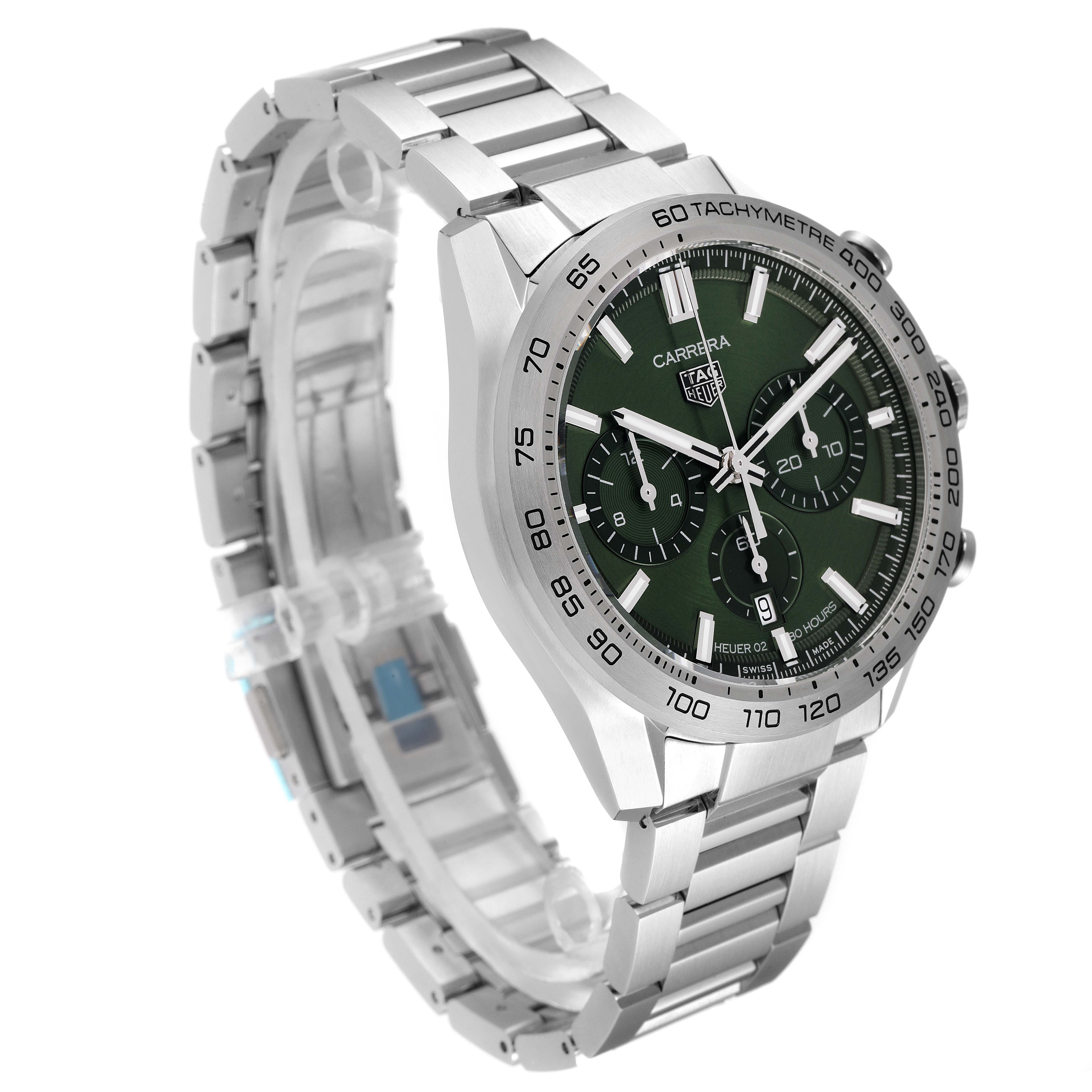 The image shows a Tag Heuer Carrera CBN2A10.BA0643 Men's Stainless Steel Green Dial CBN2A10.BA0643 Men's Stainless Steel Green Dial watch with a green dial, visible band, and chronograph features at an angle showcasing the bracelet and face.