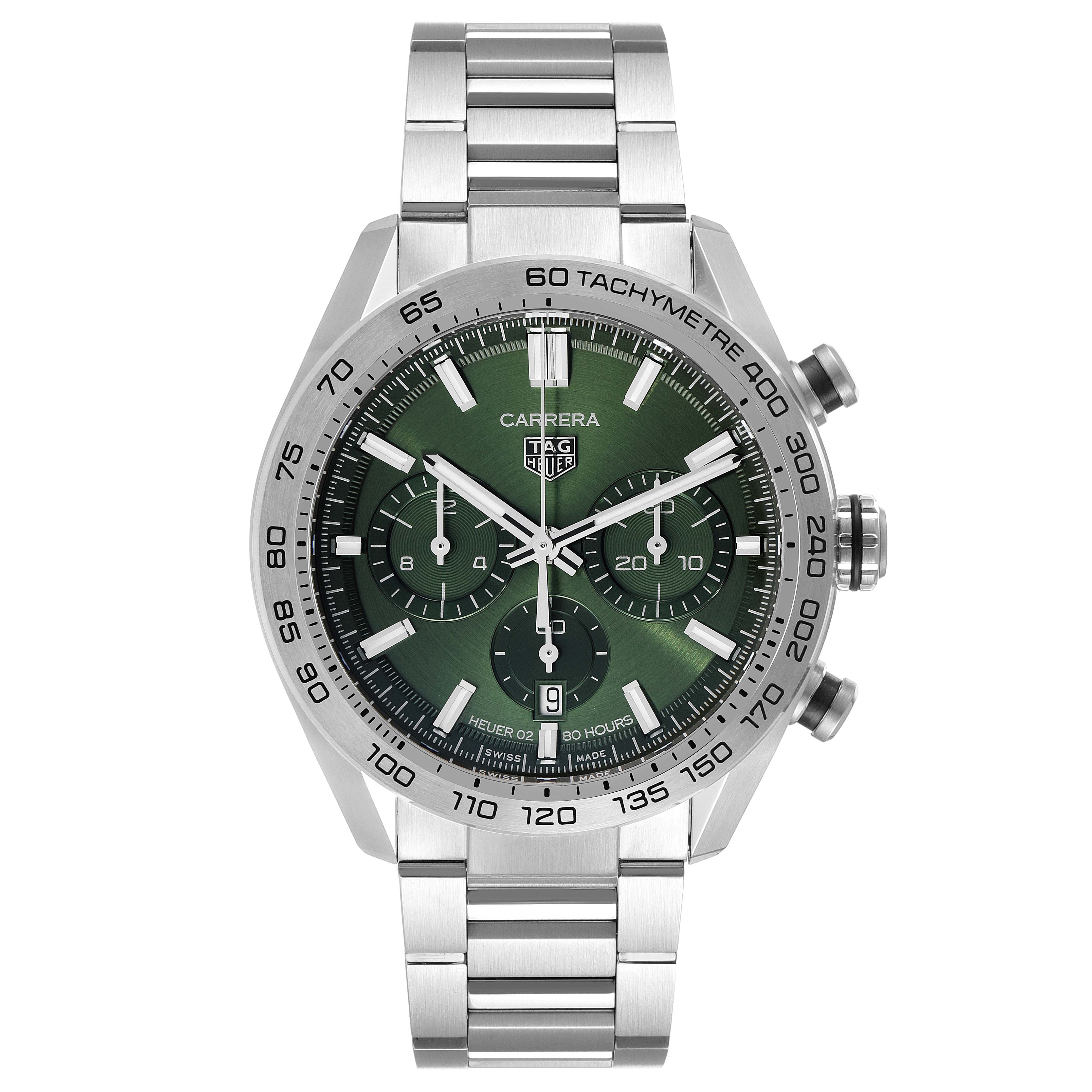 The image shows a front view of a Tag Heuer Carrera CBN2A10.BA0643 Men's Stainless Steel Green Dial CBN2A10.BA0643 Men's Stainless Steel Green Dial watch, displaying the face, bezel, and metal bracelet.