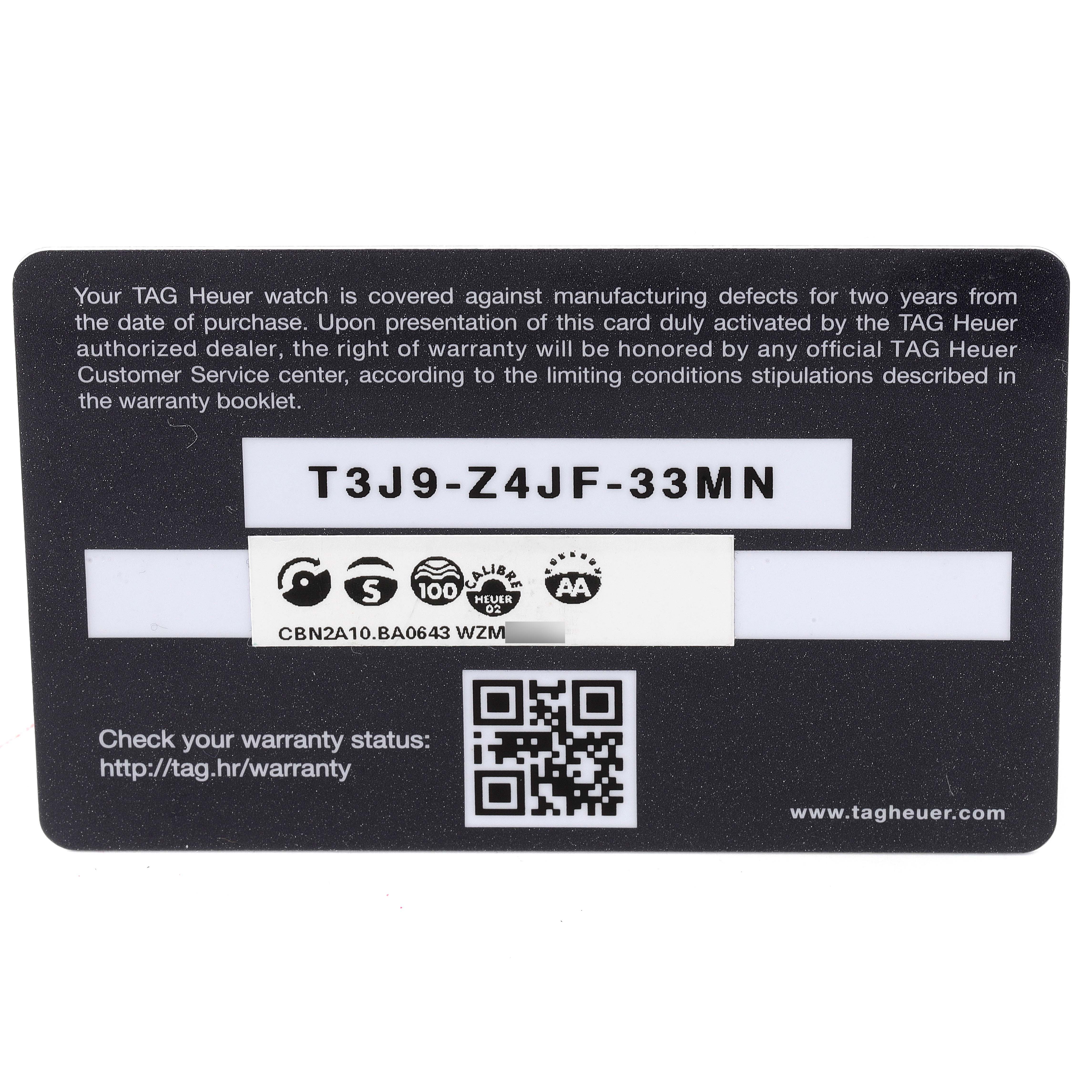 This image shows the warranty card for the Tag Heuer Carrera CBN2A10.BA0643 Men's Stainless Steel Green Dial CBN2A10.BA0643 Men's Stainless Steel Green Dial watch model.