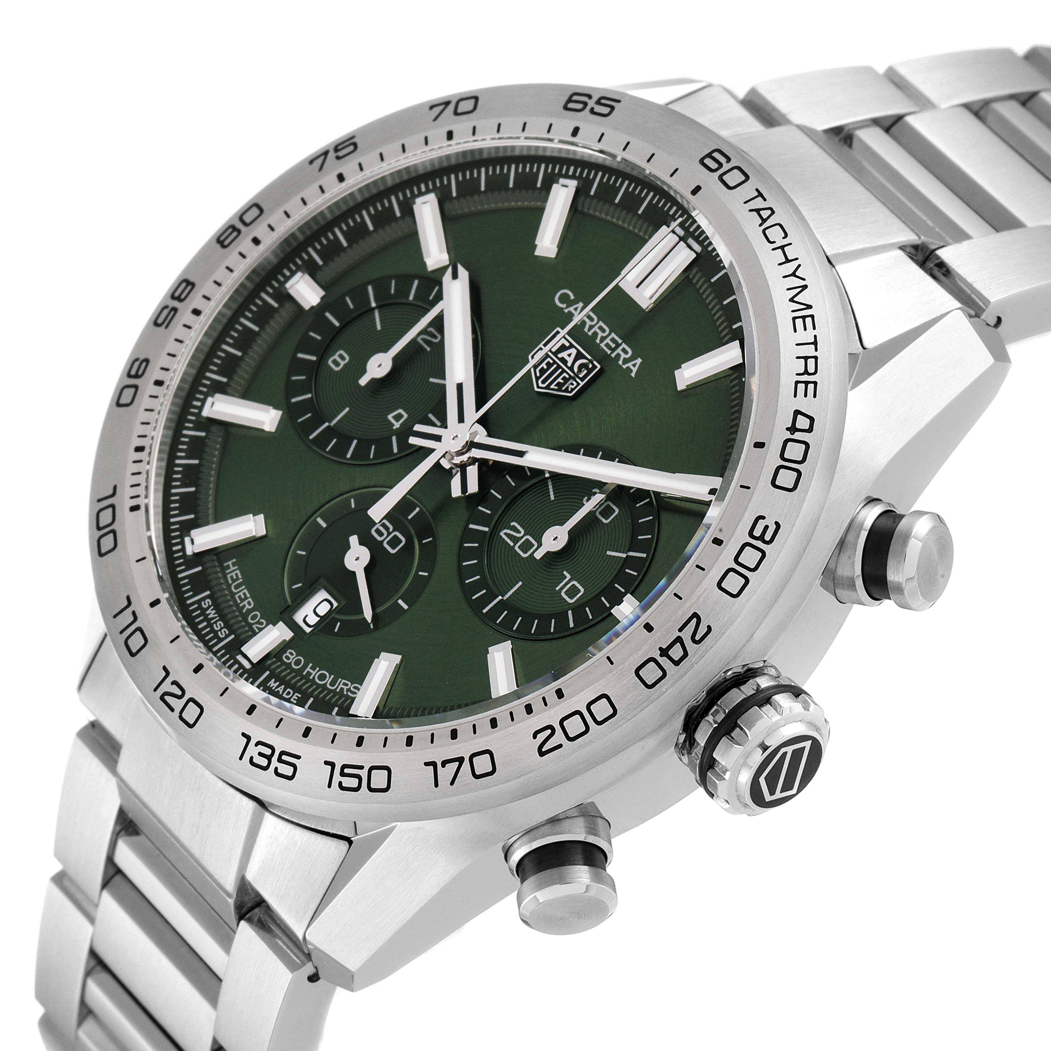 The image shows a side angle of the Tag Heuer Carrera CBN2A10.BA0643 Men's Stainless Steel Green Dial CBN2A10.BA0643 Men's Stainless Steel Green Dial watch, highlighting its green dial, chronograph subdials, and metal bracelet.
