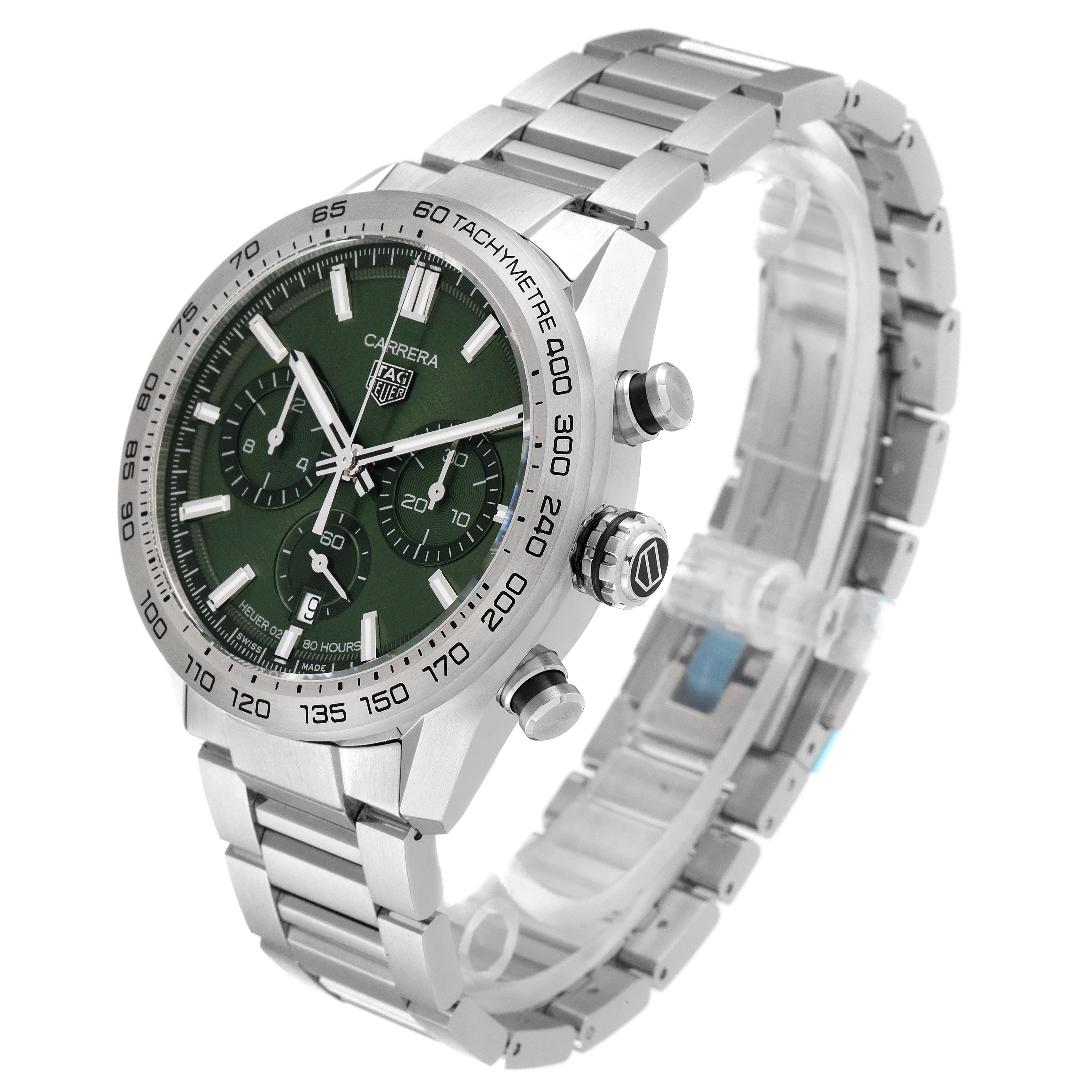 The image shows a Tag Heuer Carrera CBN2A10.BA0643 Men's Stainless Steel Green Dial CBN2A10.BA0643 Men's Stainless Steel Green Dial model watch angled slightly from the side, highlighting the face, bracelet, and side buttons.